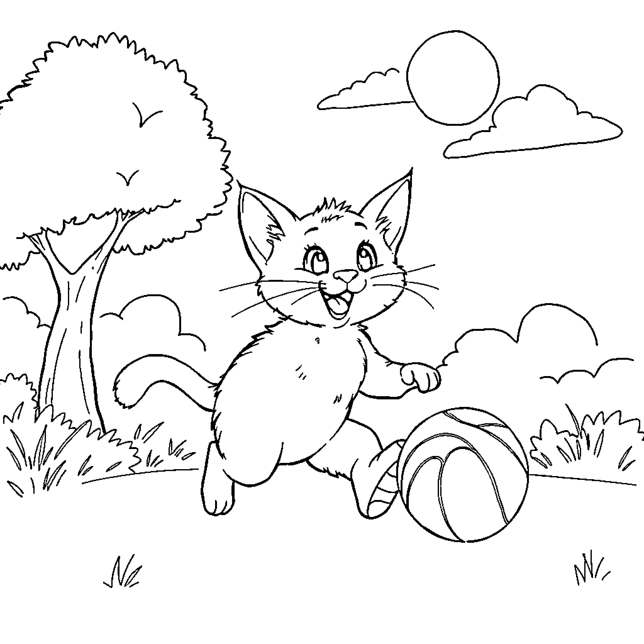 Cat Exploring the Outdoor Scenery Coloring Page (free black-and-white line drawing printable PDF for all, from beginners to advanced learners, including children, teens, adults, and seniors)
