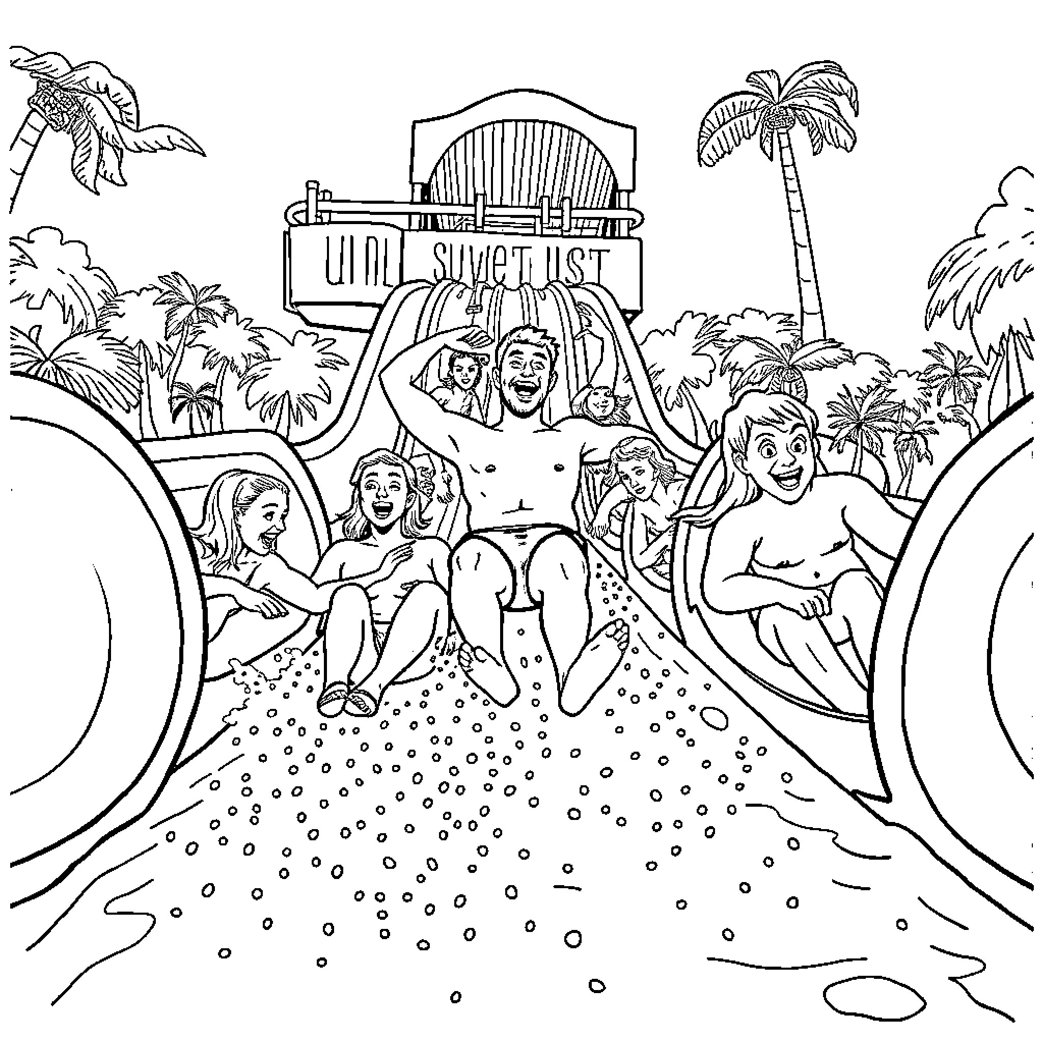 Water Slide Adventure at the Beach Resort Coloring Page (free black-and-white line drawing printable PDF for all, from beginners to advanced learners, including children, teens, adults, and seniors)