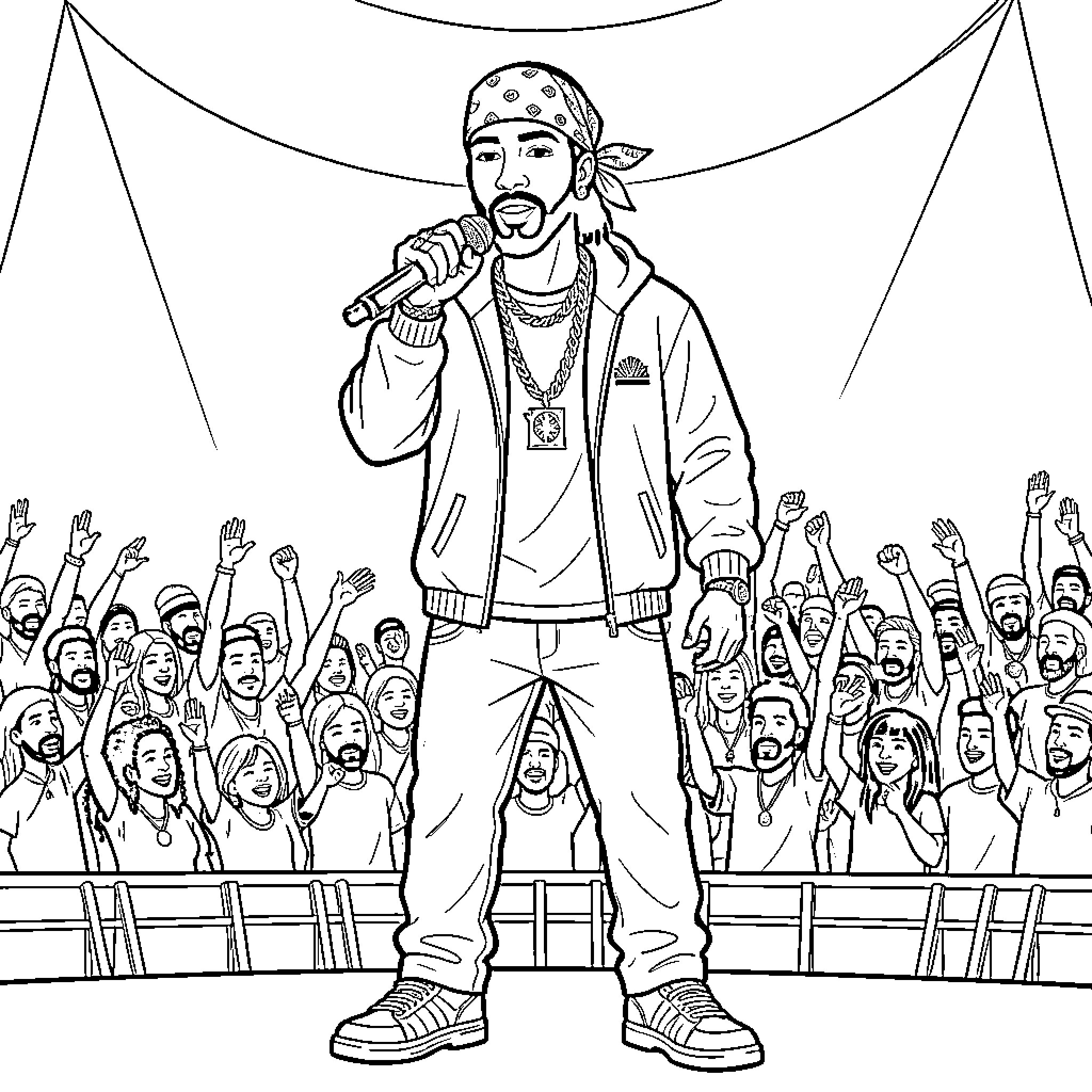Tupac performing on stage with adoring crowd Coloring Page (free black-and-white line drawing printable PDF for all, from beginners to advanced learners, including children, teens, adults, and seniors)