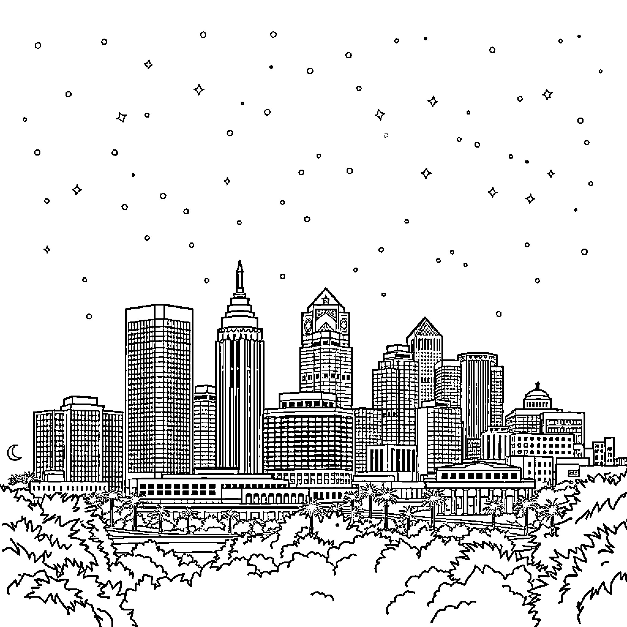 Skyline of a bustling cityscape at night Coloring Page (free black-and-white line drawing printable PDF for all, from beginners to advanced learners, including children, teens, adults, and seniors)