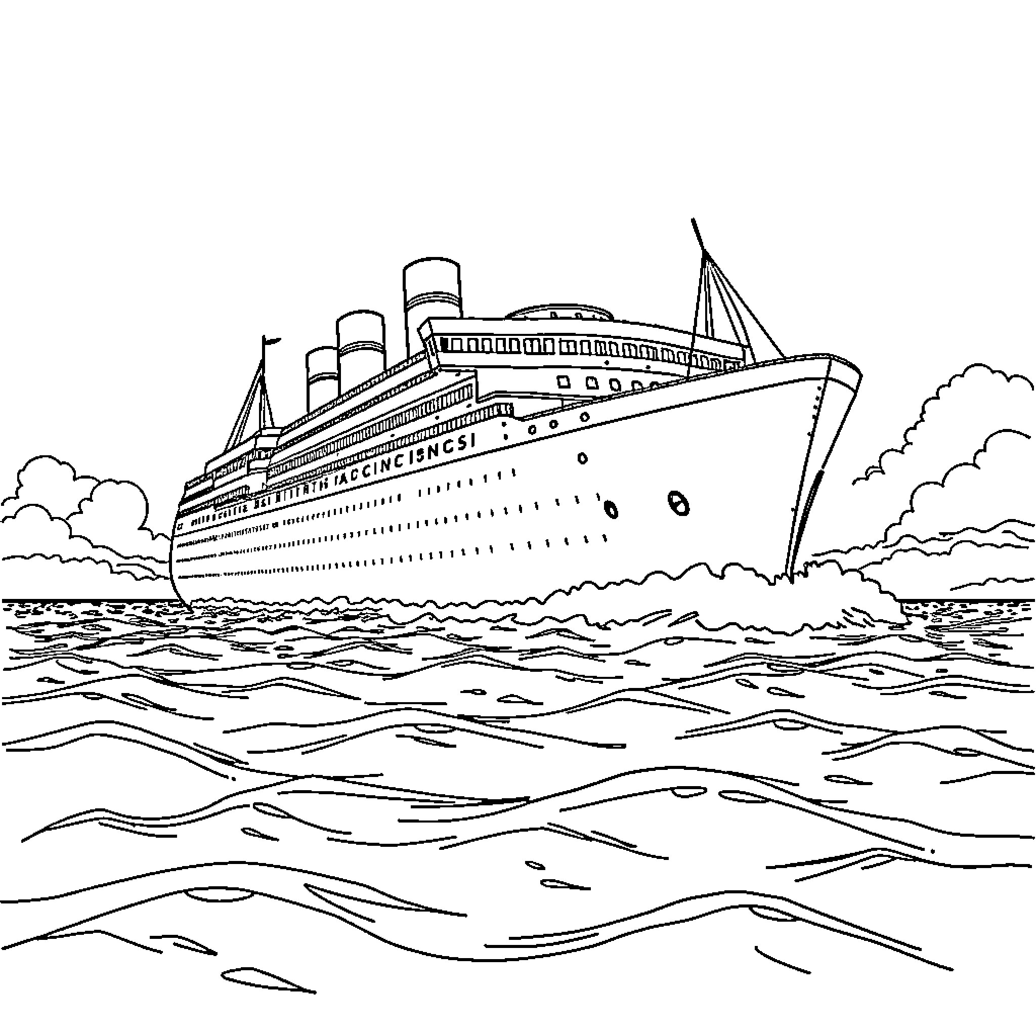 Ship sailing majestically across the open seas Coloring Page (free black-and-white line drawing printable PDF for all, from beginners to advanced learners, including children, teens, adults, and seniors)