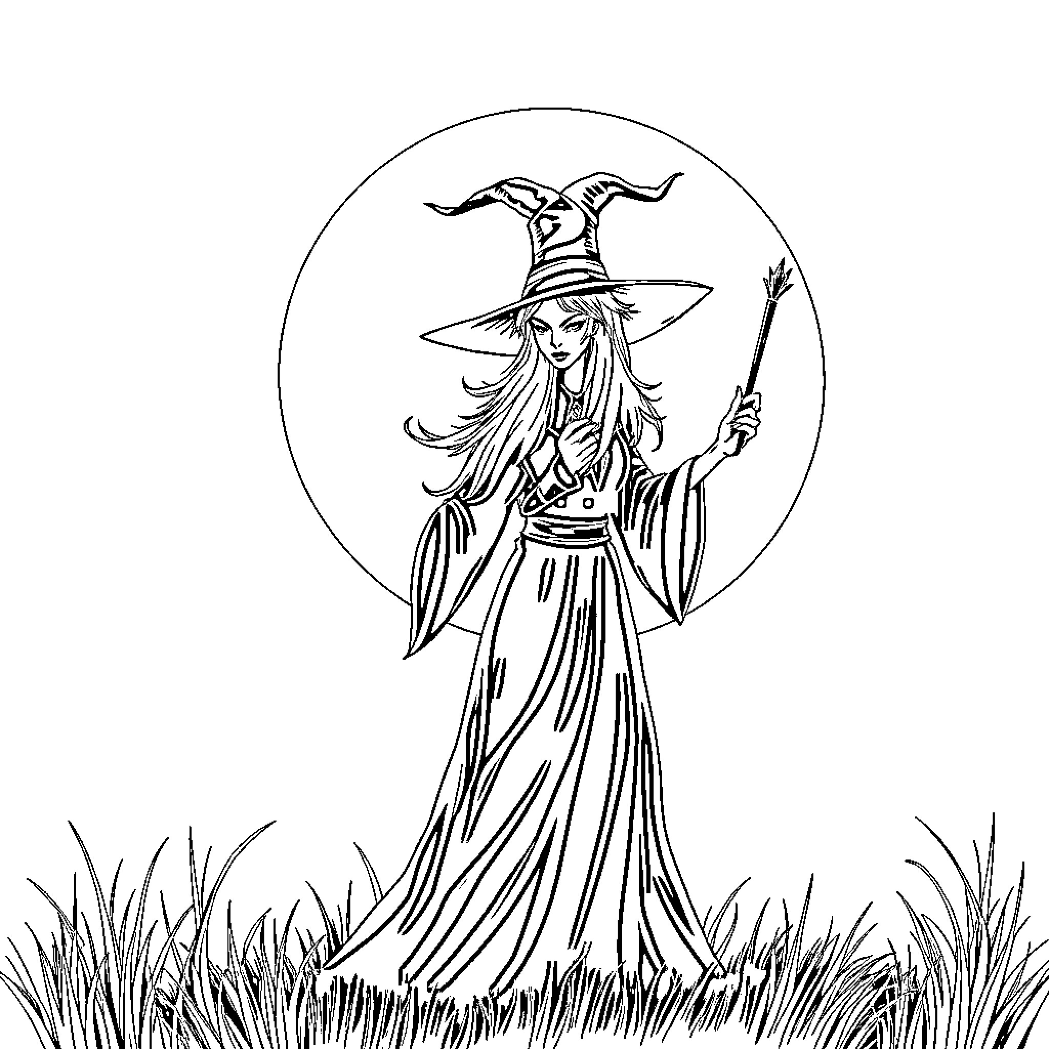 Witch casting a spell in the meadow Coloring Page (free black-and-white line drawing printable PDF for all, from beginners to advanced learners, including children, teens, adults, and seniors)