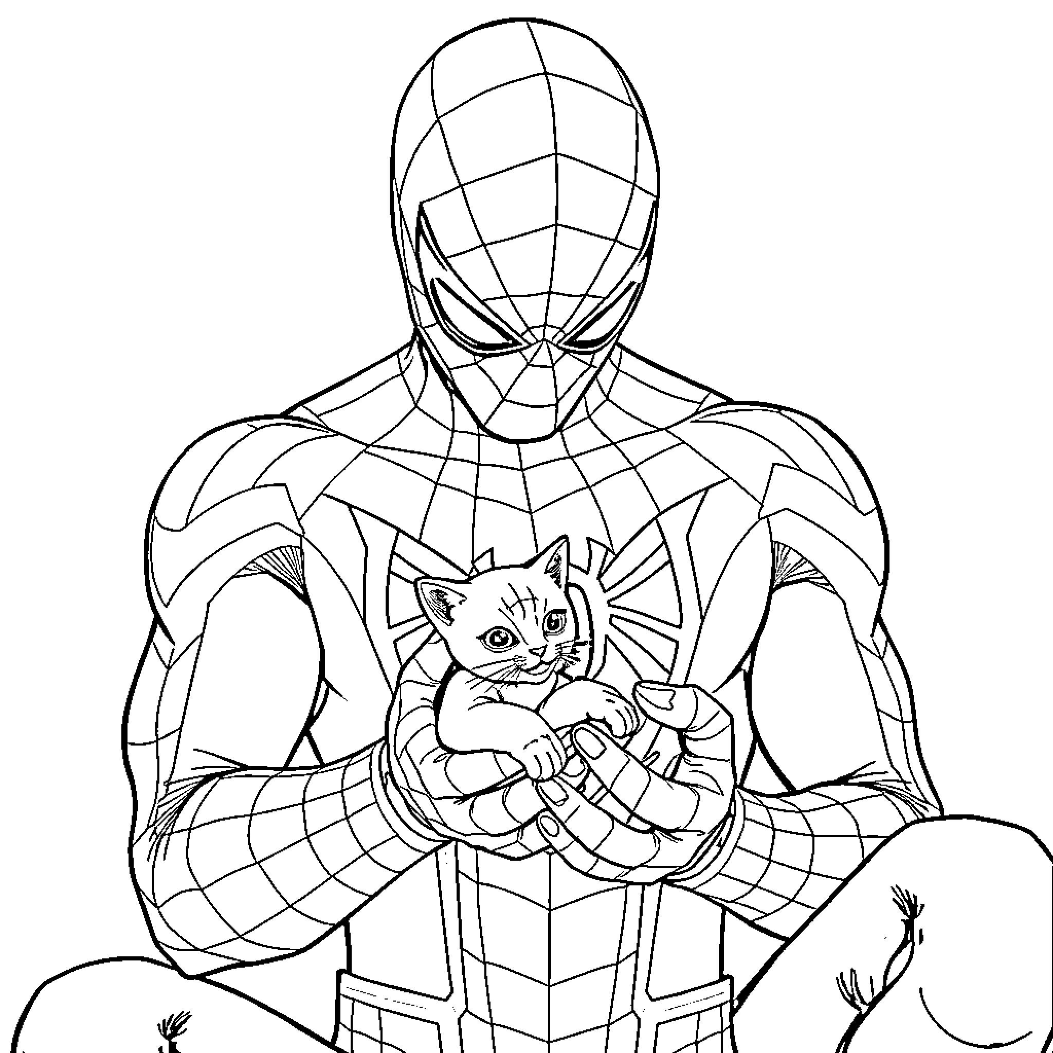 Spiderman rescuing a small kitten Coloring Page (free black-and-white line drawing printable PDF for all, from beginners to advanced learners, including children, teens, adults, and seniors)