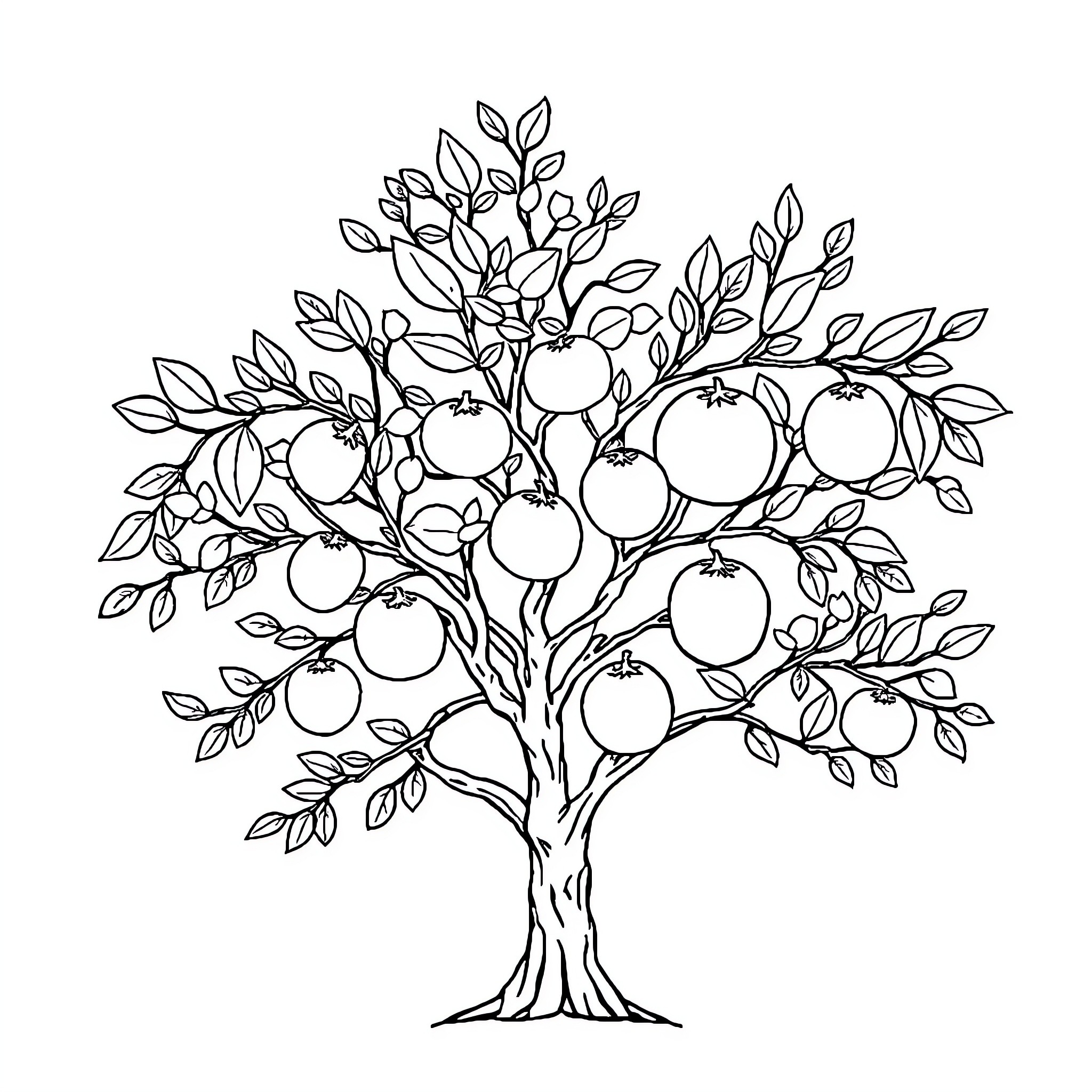 Autumn Harvest Fruit Tree Coloring Page (free black-and-white line drawing printable PDF for all, from beginners to advanced learners, including children, teens, adults, and seniors)