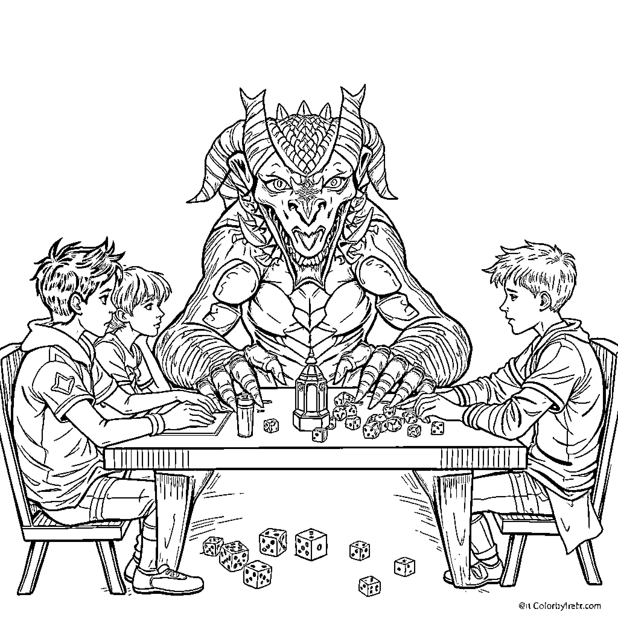 Demogorgon Playing Board Games with Children Coloring Page (free black-and-white line drawing printable PDF for all, from beginners to advanced learners, including children, teens, adults, and seniors)