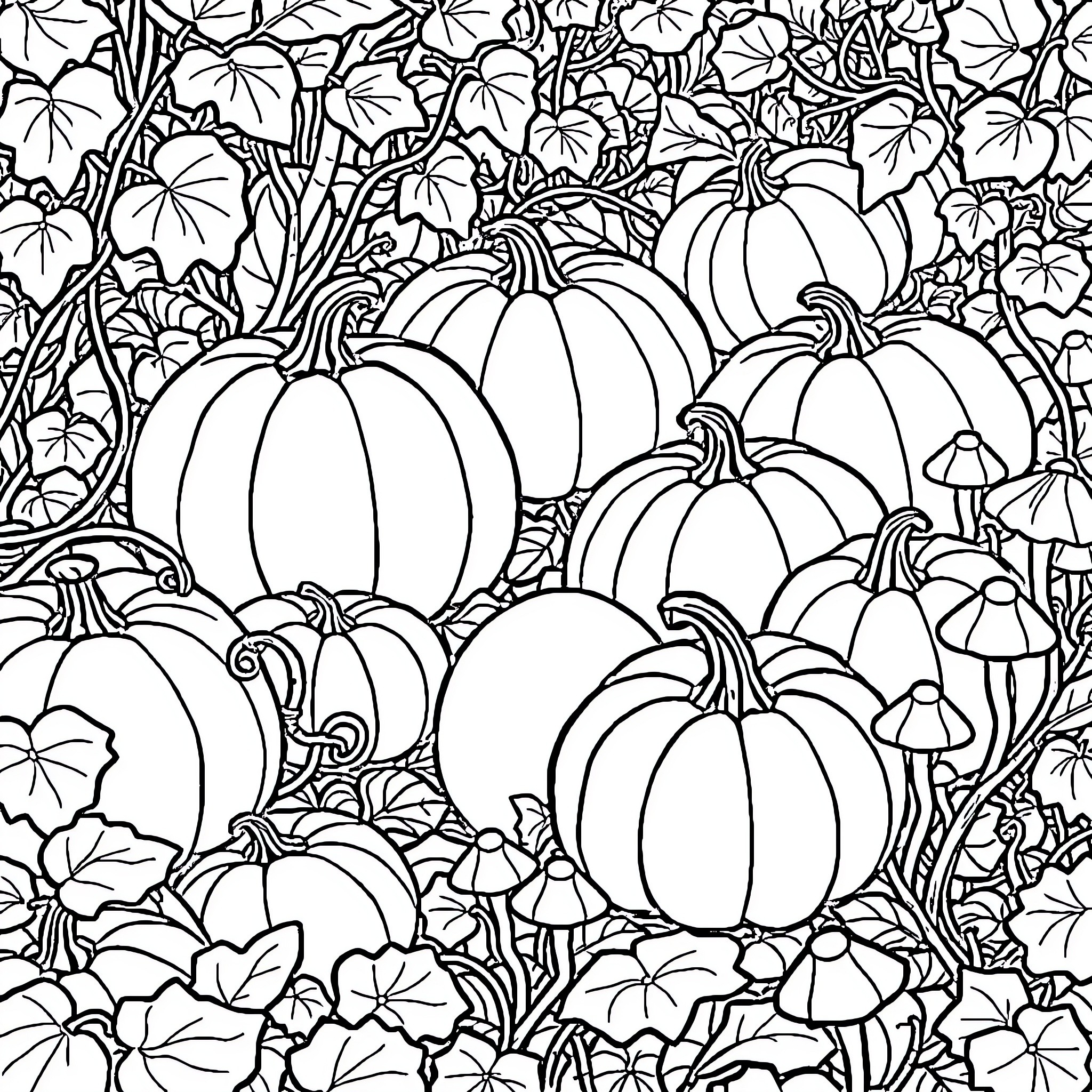 Pumpkin patch with detailed foliage Coloring Page (free black-and-white line drawing printable PDF for all, from beginners to advanced learners, including children, teens, adults, and seniors)