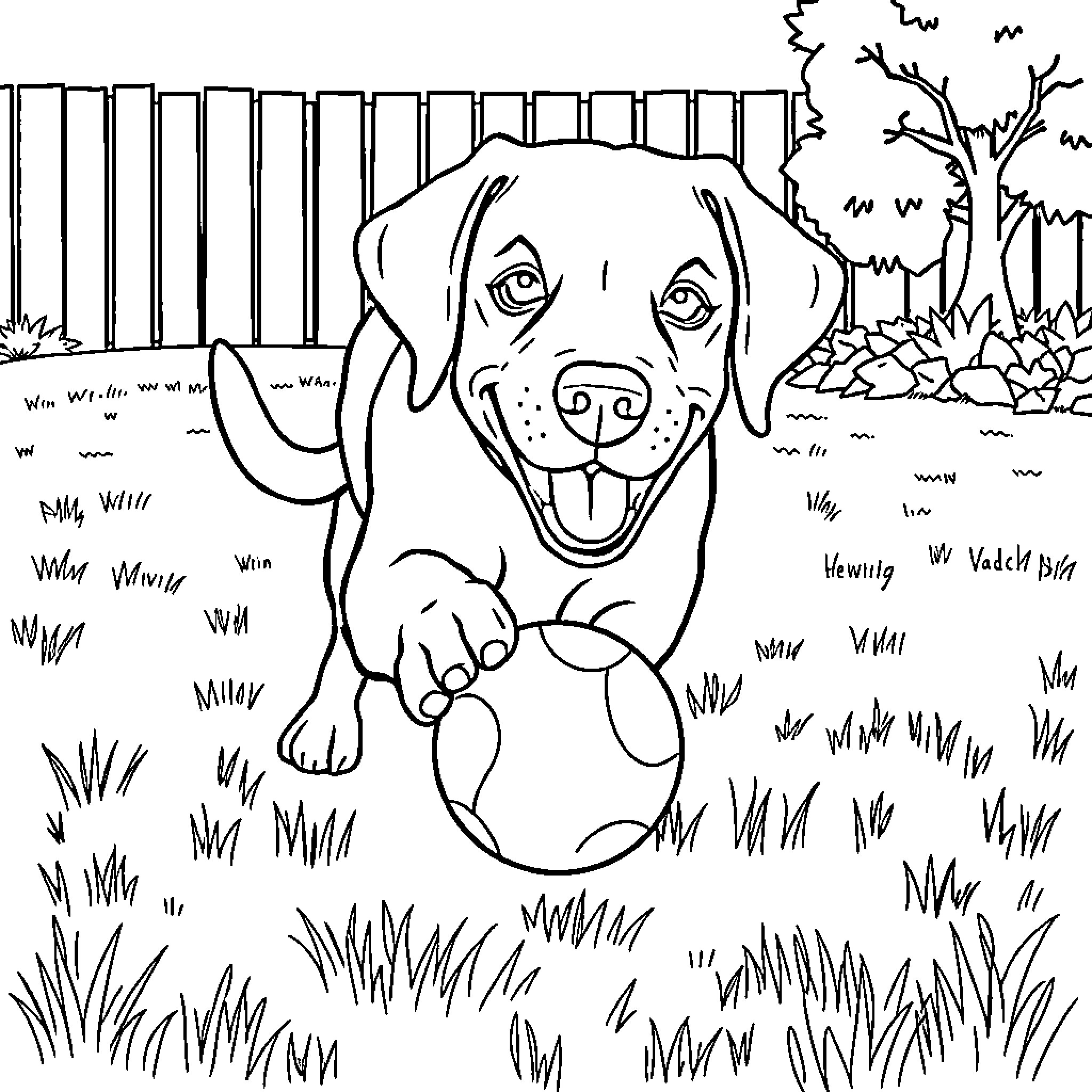 Labrador playing joyfully in a natural setting Coloring Page (free black-and-white line drawing printable PDF for all, from beginners to advanced learners, including children, teens, adults, and seniors)