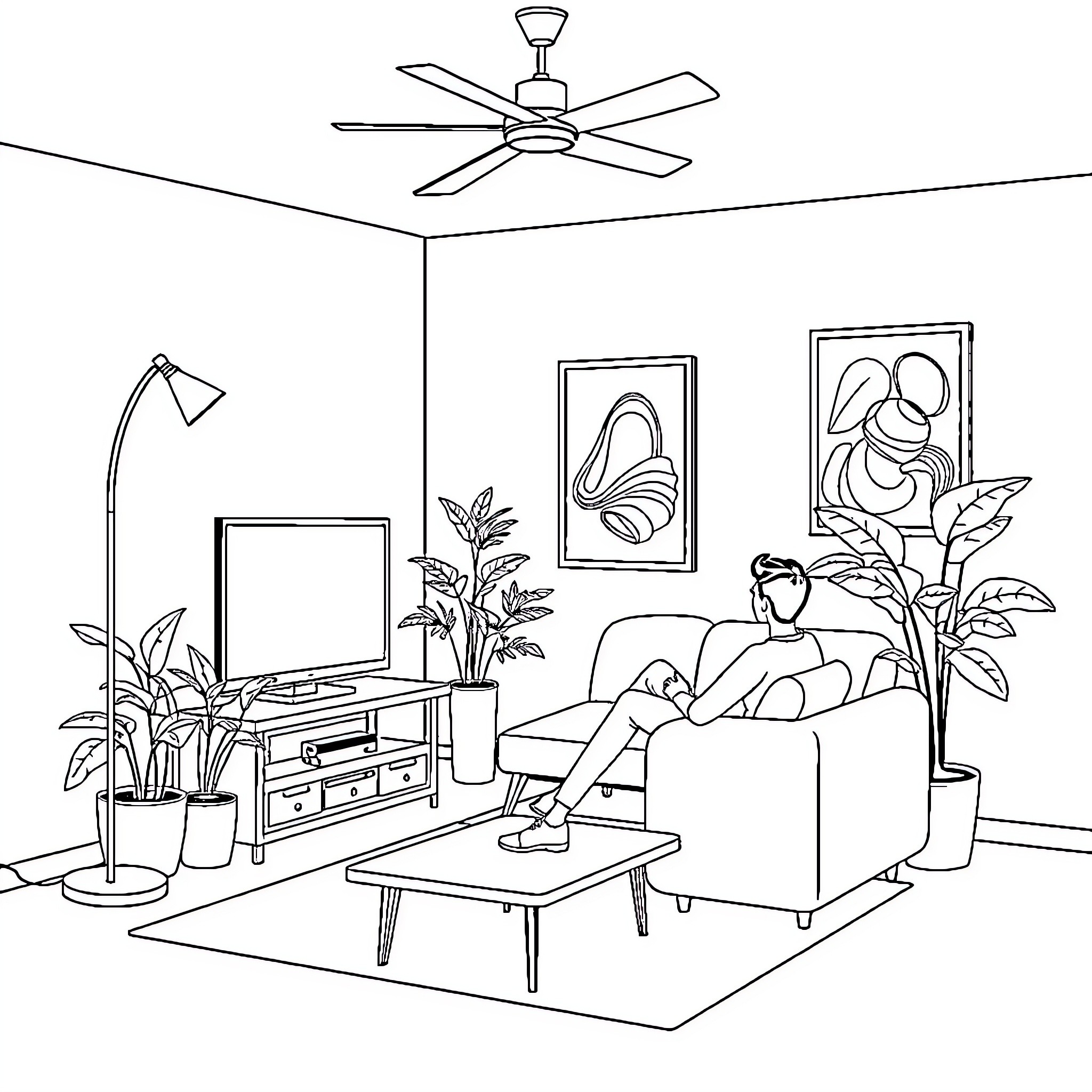 Living Room with Relaxed Person and Decor Coloring Page (free black-and-white line drawing printable PDF for all, from beginners to advanced learners, including children, teens, adults, and seniors)
