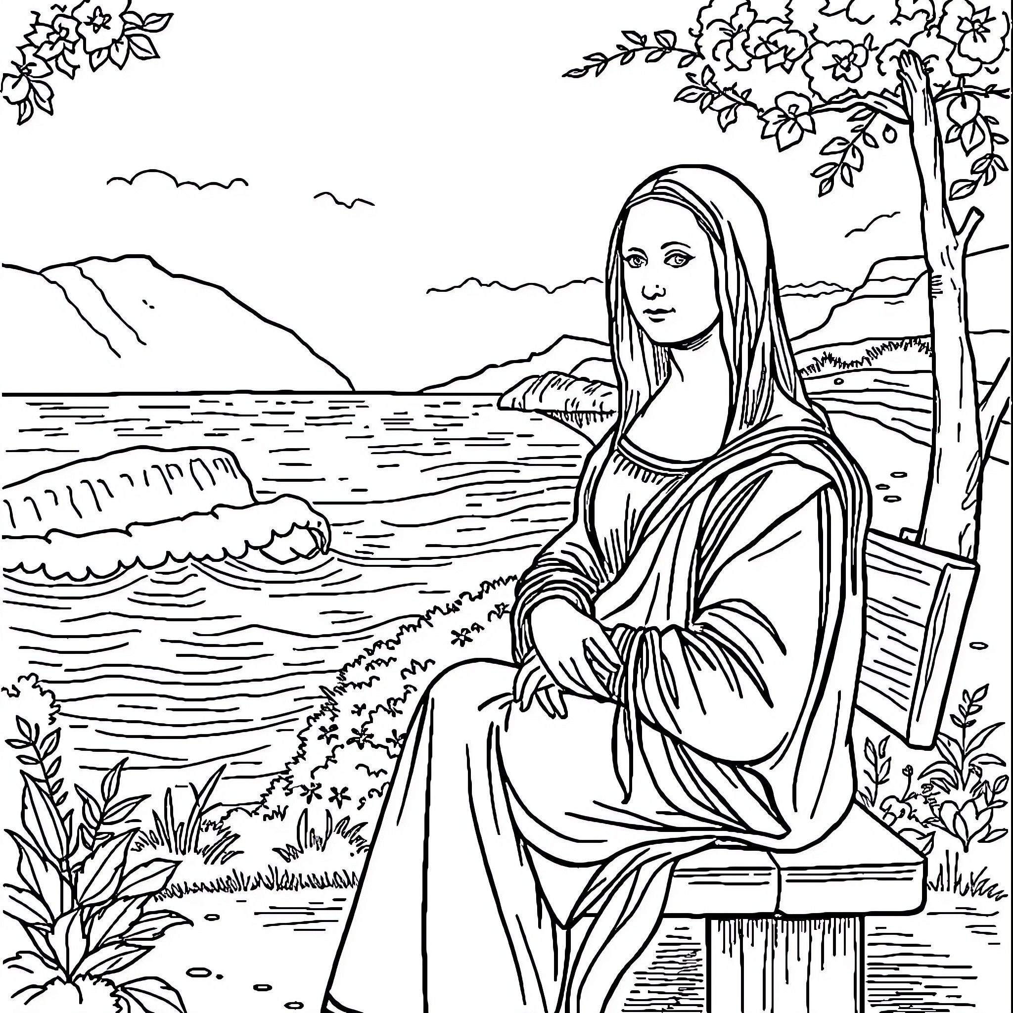 Mona Lisa sitting by the serene lake Coloring Page (free black-and-white line drawing printable PDF for all, from beginners to advanced learners, including children, teens, adults, and seniors)