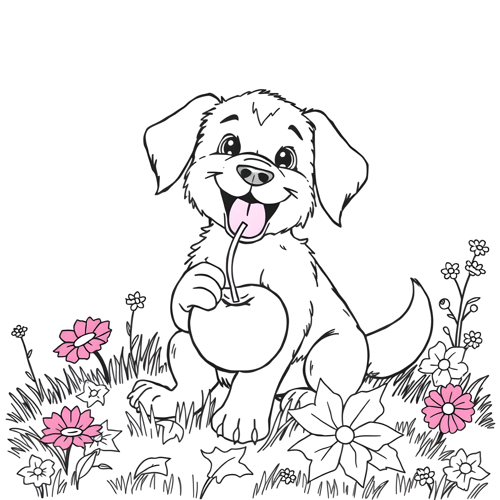 Dog playing happily in a floral field Coloring Page (free black-and-white line drawing printable PDF for all, from beginners to advanced learners, including children, teens, adults, and seniors)