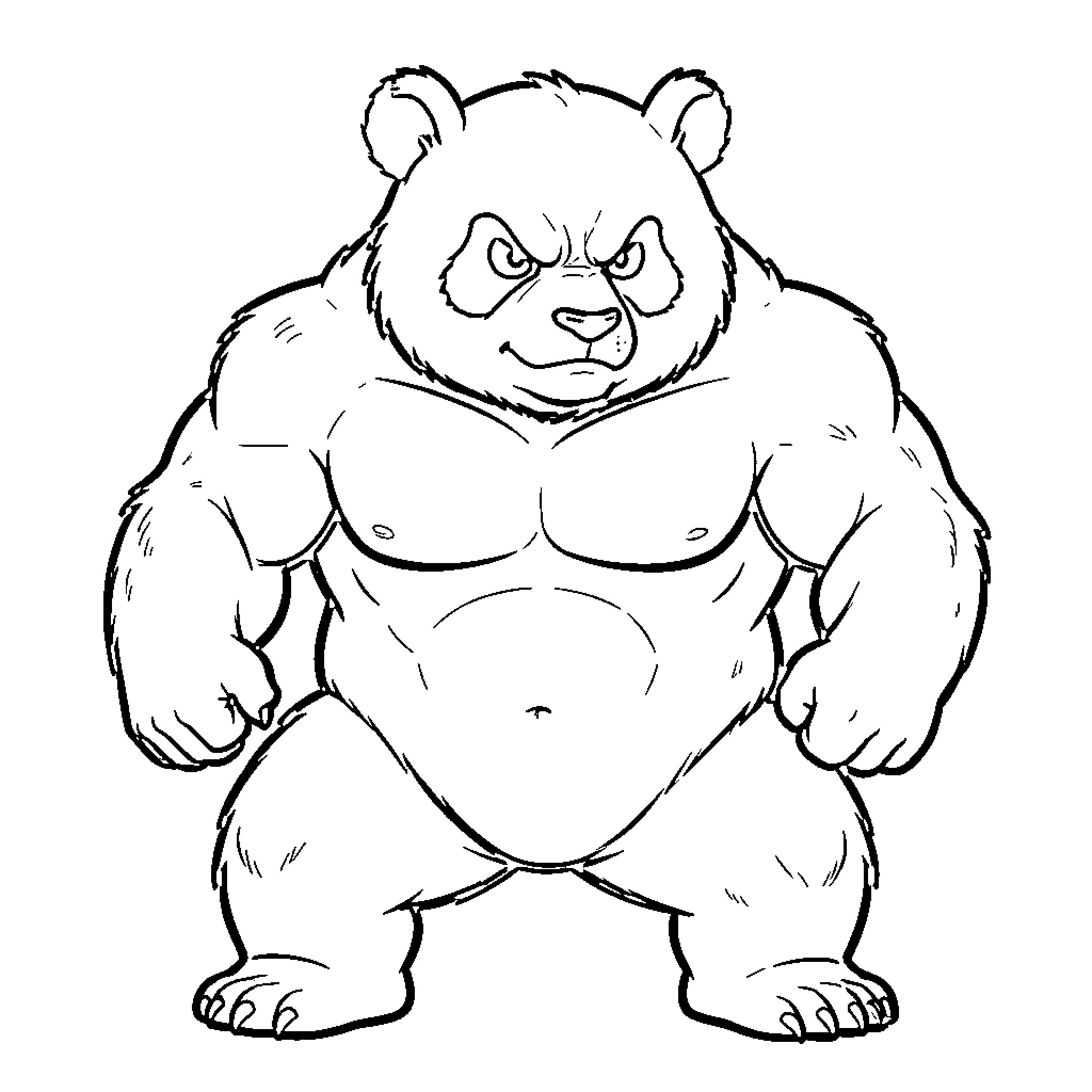 Panda flexing muscular body Coloring Page (free black-and-white line drawing printable PDF for all, from beginners to advanced learners, including children, teens, adults, and seniors)