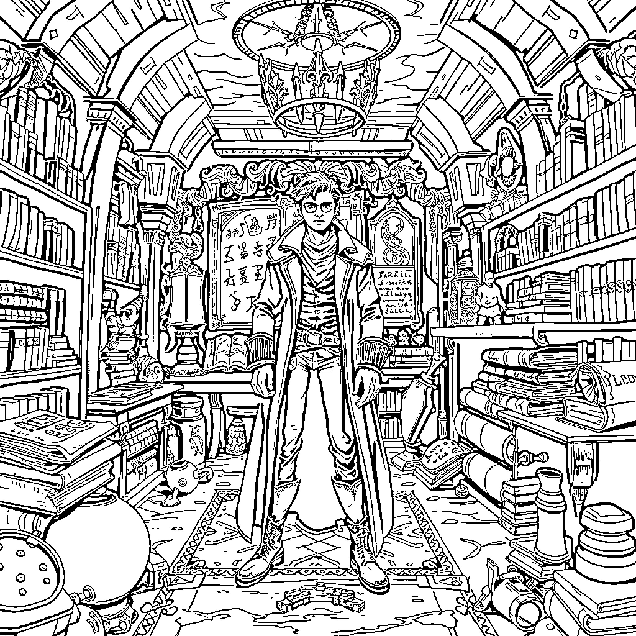 Klein Moretti in an Extraordinary Library Coloring Page (free black-and-white line drawing printable PDF for all, from beginners to advanced learners, including children, teens, adults, and seniors)
