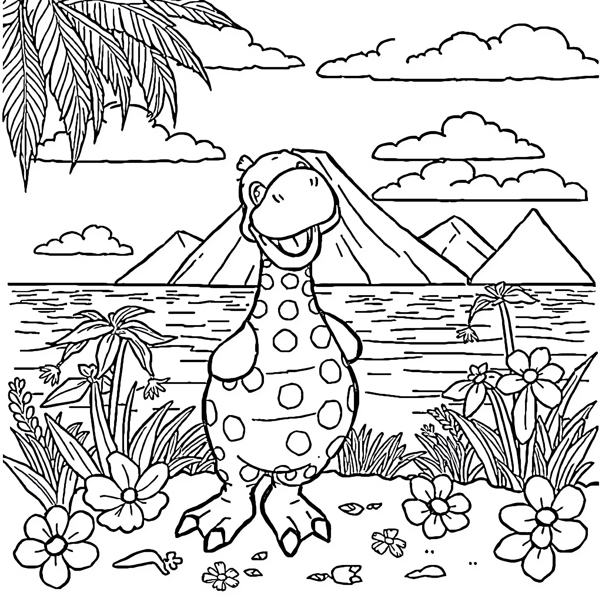 Stick figure exploring tropical beach landscape Coloring Page (free black-and-white line drawing printable PDF for all, from beginners to advanced learners, including children, teens, adults, and seniors)