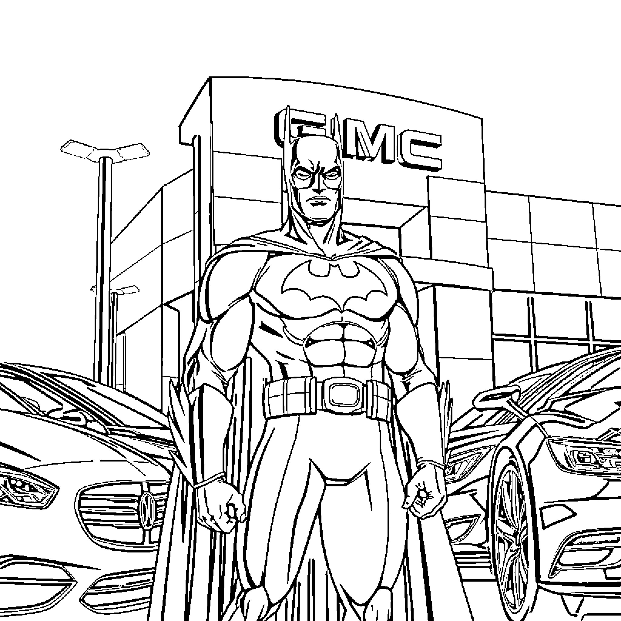 Batman standing strong in front of the GMC dealership Coloring Page (free black-and-white line drawing printable PDF for all, from beginners to advanced learners, including children, teens, adults, and seniors)