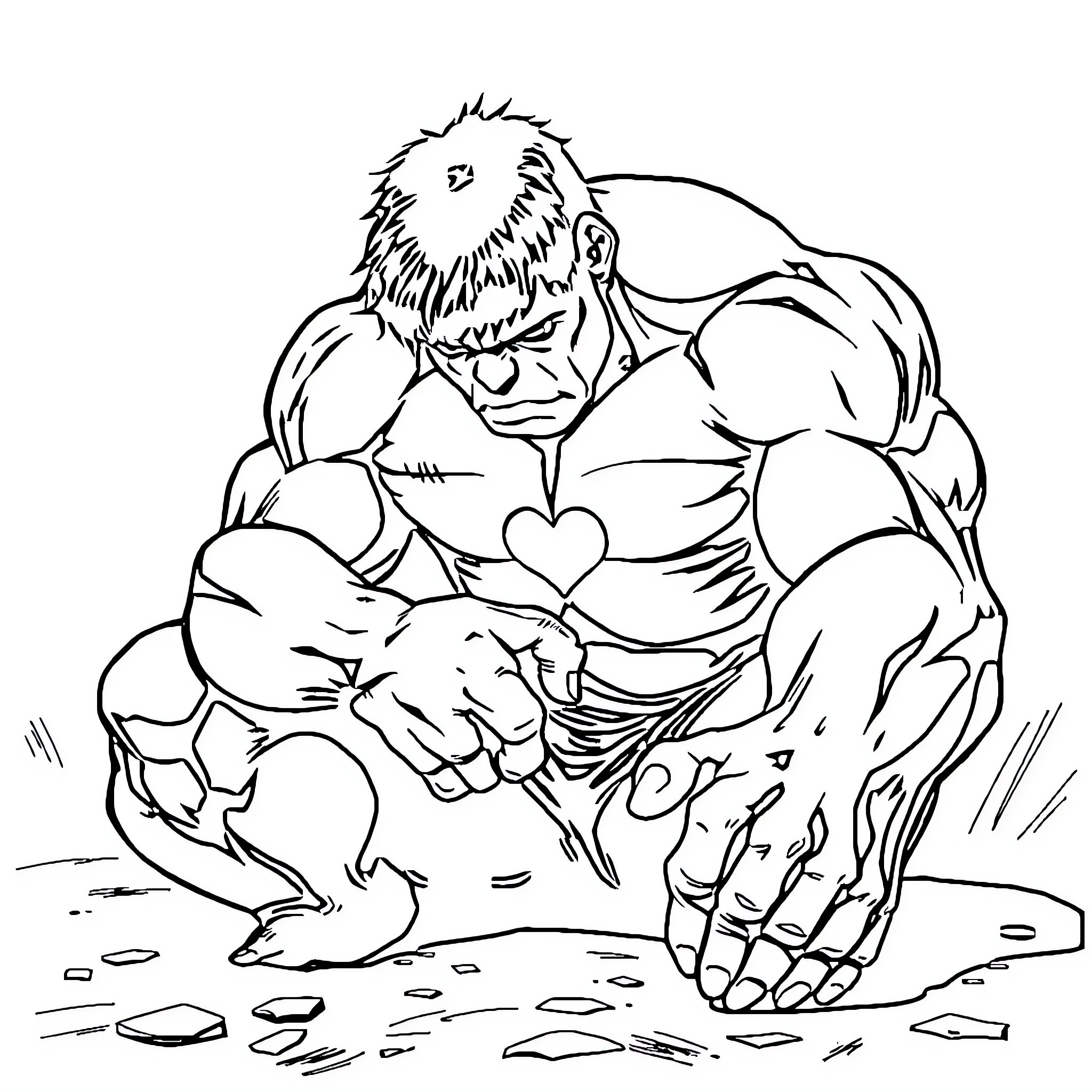 Hulk crouching in aggressive stance Coloring Page (free black-and-white line drawing printable PDF for all, from beginners to advanced learners, including children, teens, adults, and seniors)