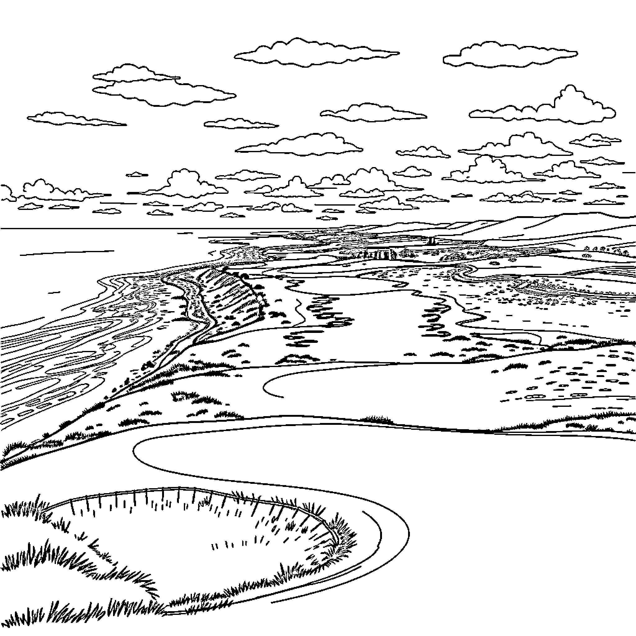 St Andrews Links scenic landscape with clouds and hills Coloring Page (free black-and-white line drawing printable PDF for all, from beginners to advanced learners, including children, teens, adults, and seniors)
