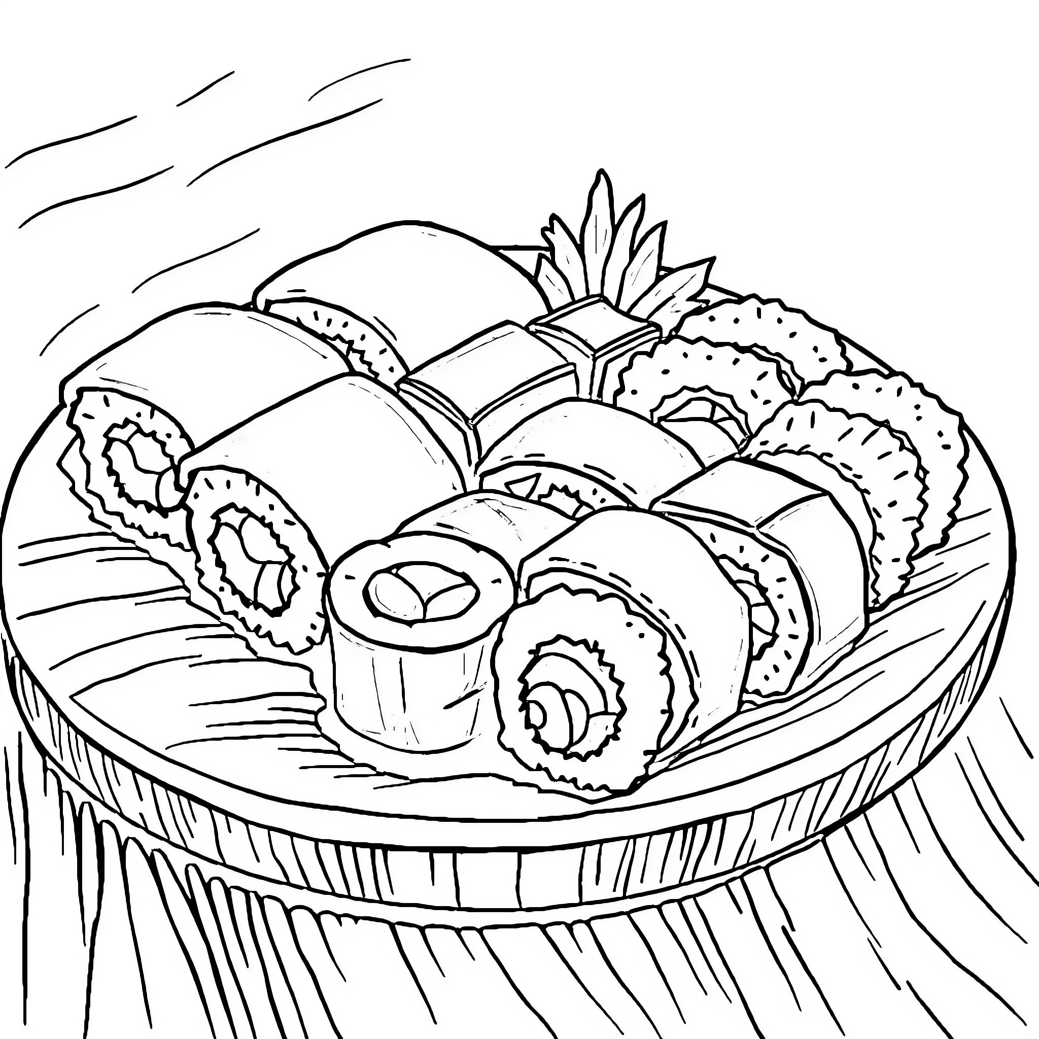 Sushi platter with variety of rolls Coloring Page (free black-and-white line drawing printable PDF for all, from beginners to advanced learners, including children, teens, adults, and seniors)