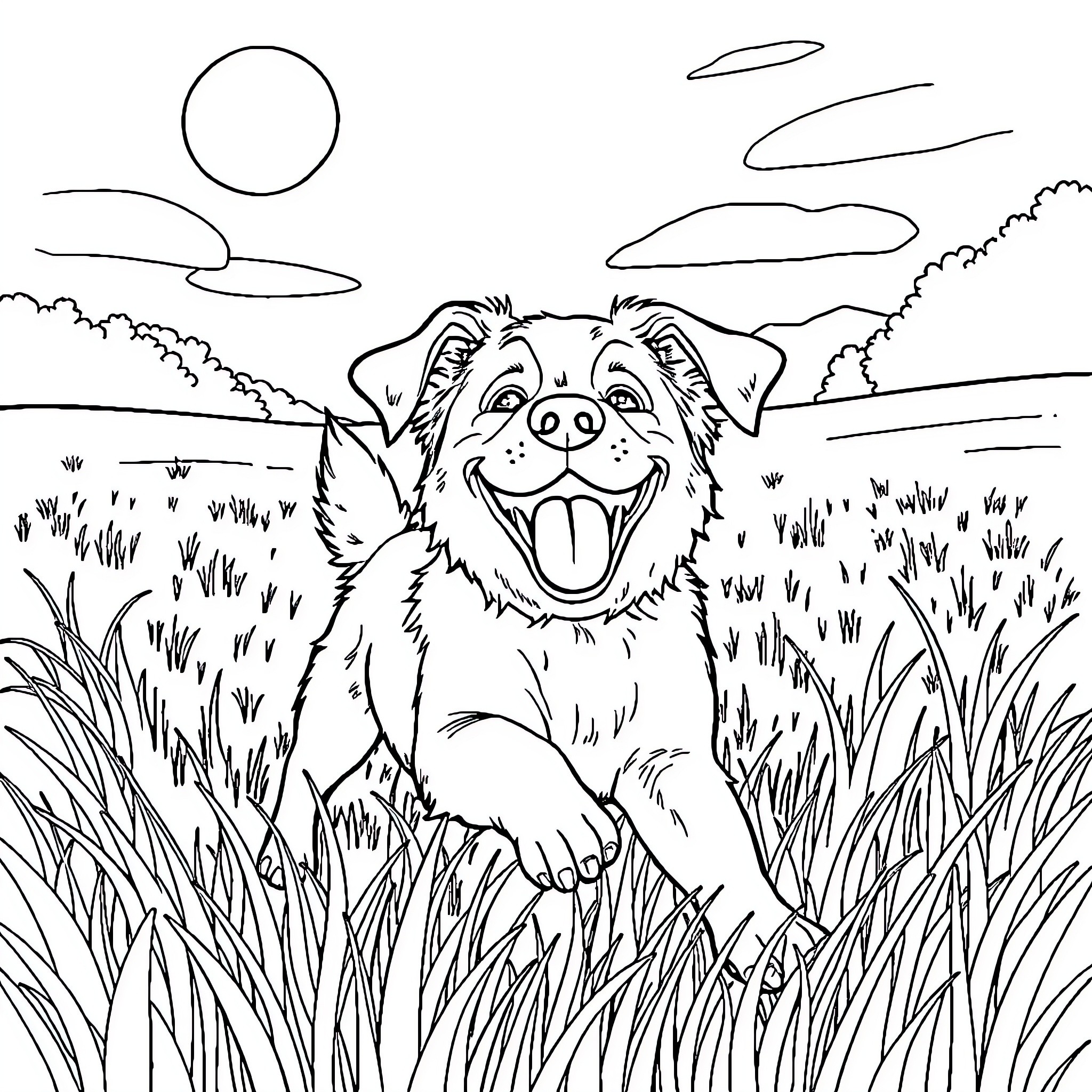 Dog enjoying the outdoors in the field Coloring Page (free black-and-white line drawing printable PDF for all, from beginners to advanced learners, including children, teens, adults, and seniors)