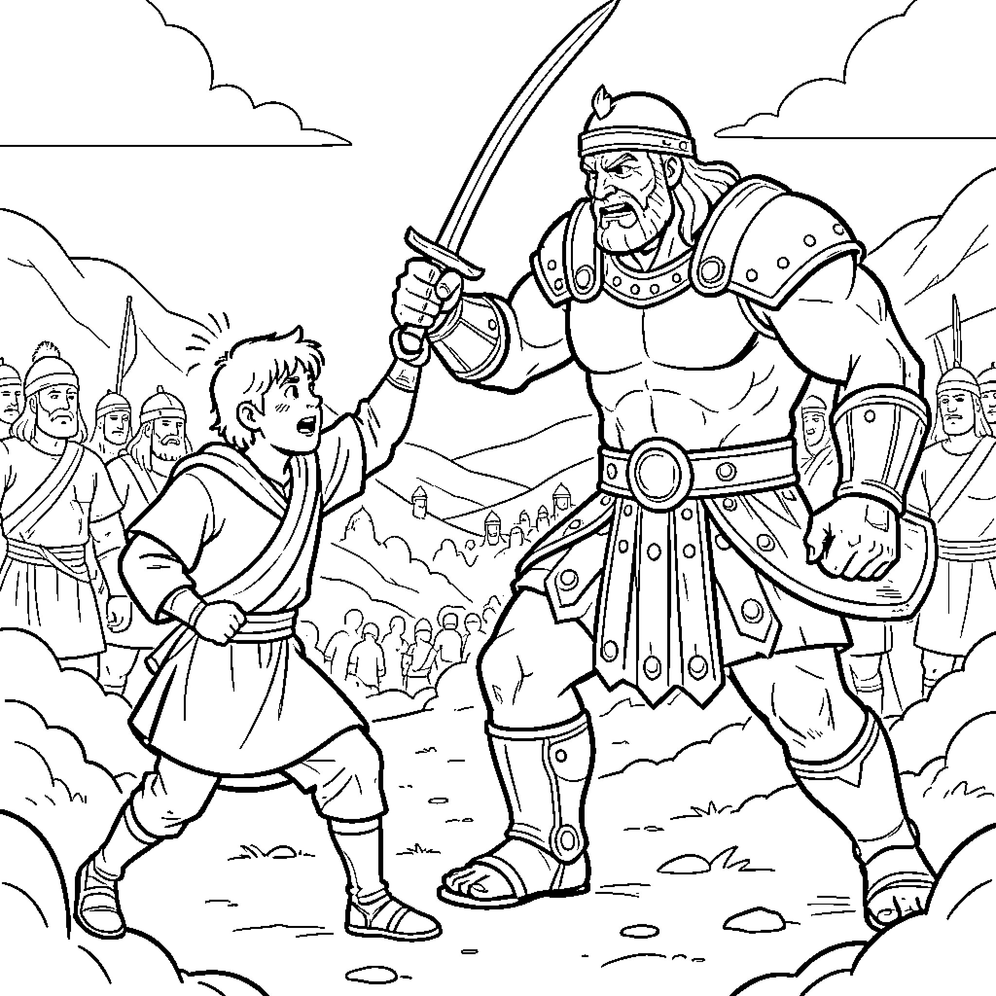 David and Goliath facing off in a dramatic battle Coloring Page (free black-and-white line drawing printable PDF for all, from beginners to advanced learners, including children, teens, adults, and seniors)