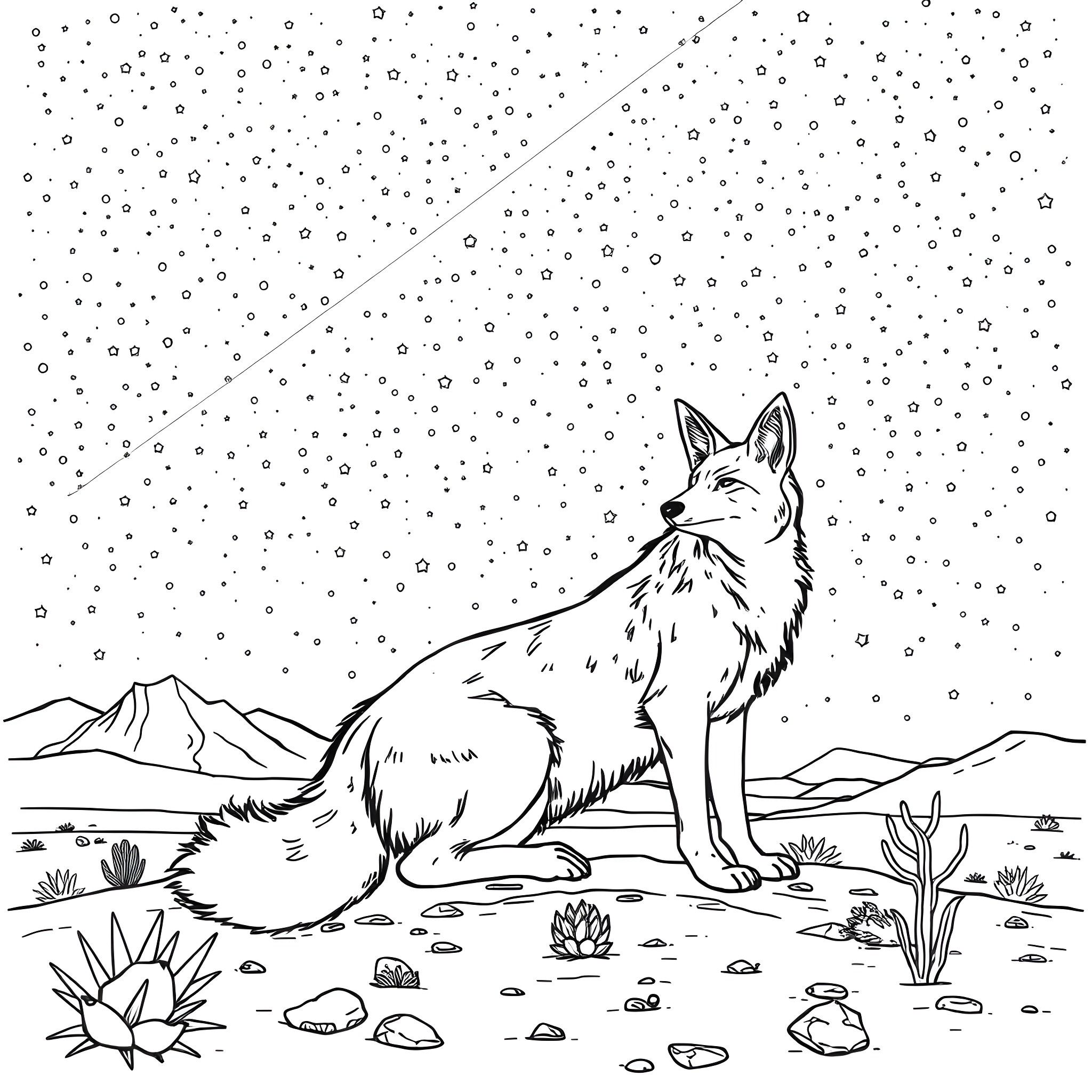 Coyote gazing at the starry night sky Coloring Page (free black-and-white line drawing printable PDF for all, from beginners to advanced learners, including children, teens, adults, and seniors)