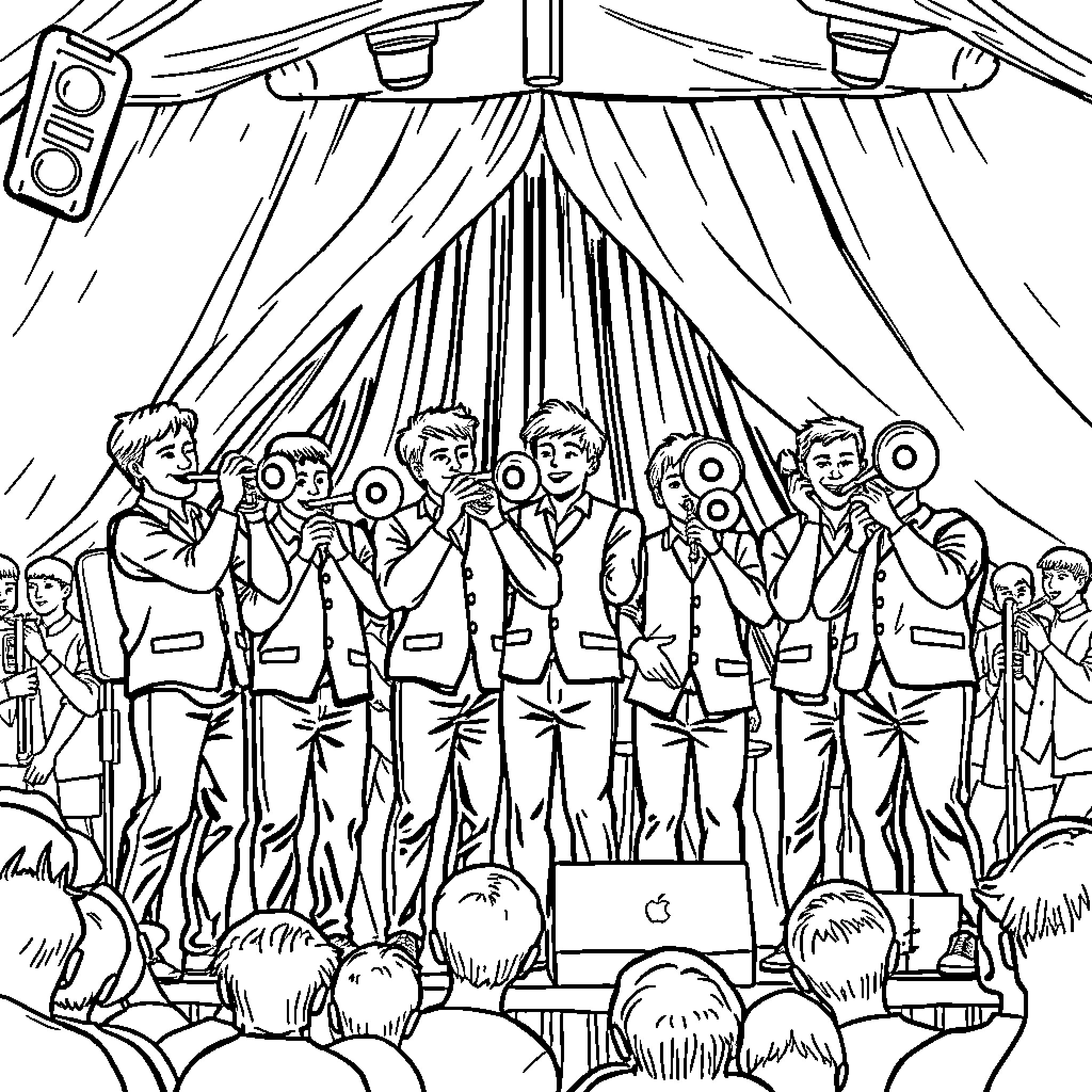 Mann performing on stage with band Coloring Page (free black-and-white line drawing printable PDF for all, from beginners to advanced learners, including children, teens, adults, and seniors)