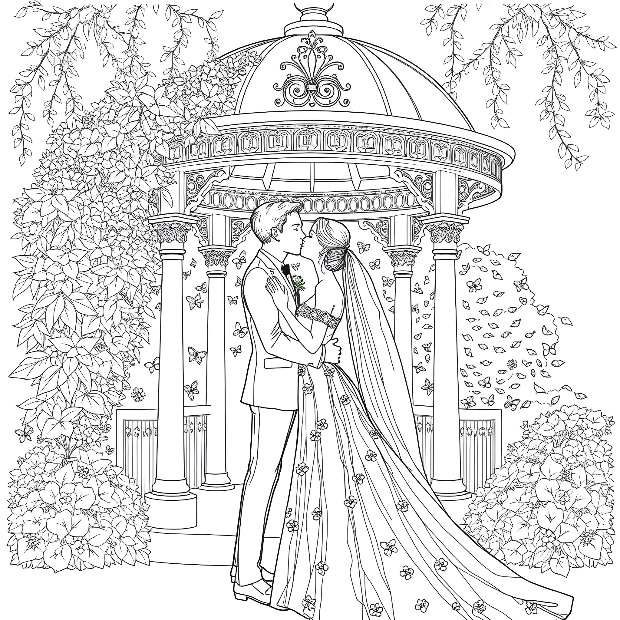 Woman in elegant dress embraces man under ornate gazebo Coloring Page (free black-and-white line drawing printable PDF for all, from beginners to advanced learners, including children, teens, adults, and seniors)