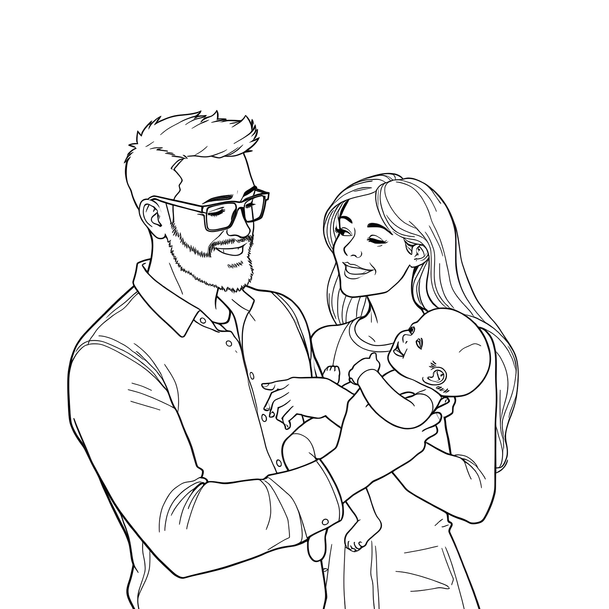 Programmer family moment with newborn Coloring Page (free black-and-white line drawing printable PDF for all, from beginners to advanced learners, including children, teens, adults, and seniors)