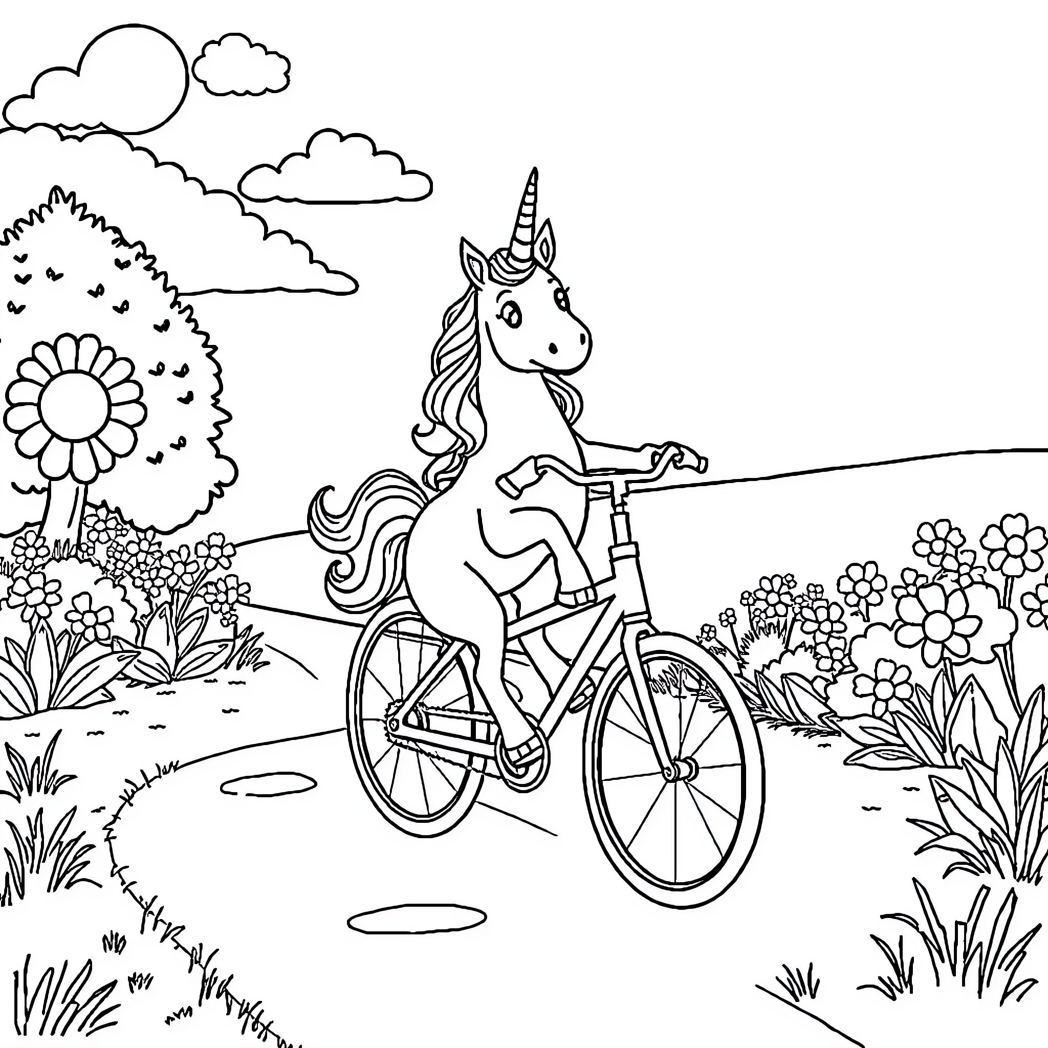 Unicorn riding a bicycle in a whimsical garden Coloring Page (free black-and-white line drawing printable PDF for all, from beginners to advanced learners, including children, teens, adults, and seniors)