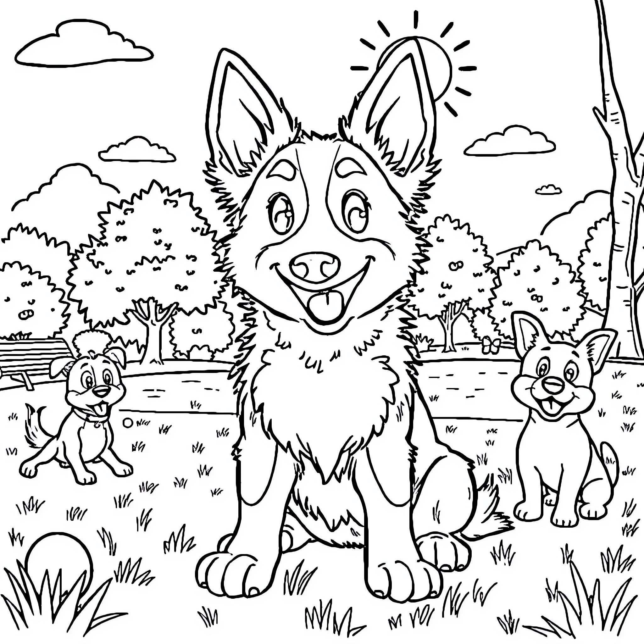 Bluey playing with puppies in the park Coloring Page (free black-and-white line drawing printable PDF for all, from beginners to advanced learners, including children, teens, adults, and seniors)