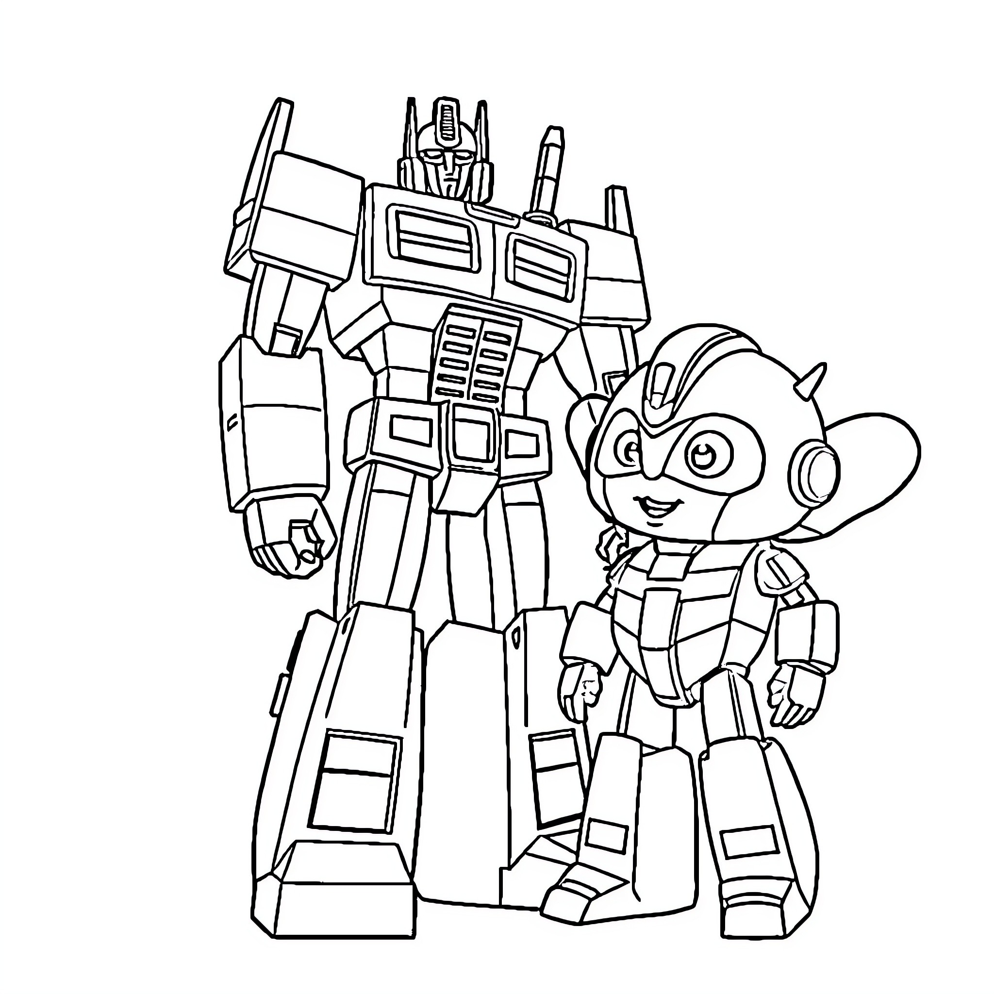 Optimus Prime and Robot Companion in Action Coloring Page (free black-and-white line drawing printable PDF for all, from beginners to advanced learners, including children, teens, adults, and seniors)