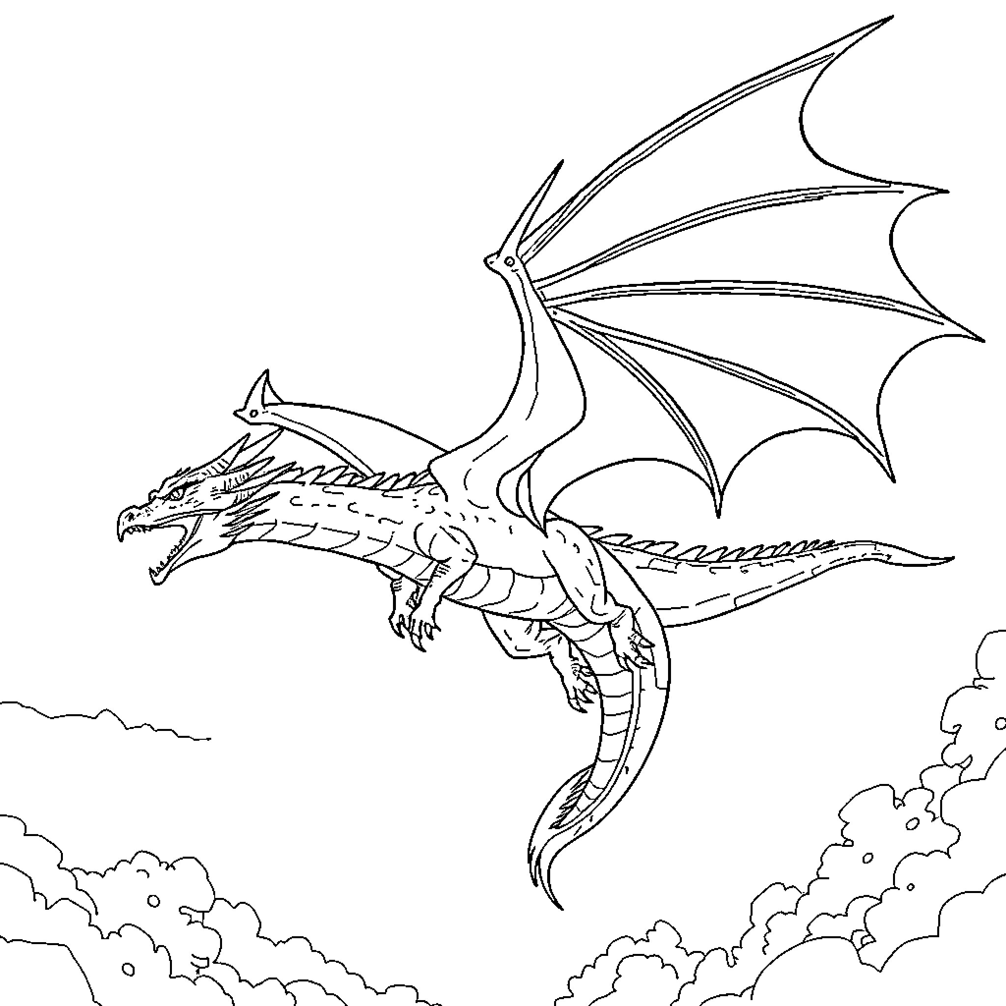 Dragon soaring through the cloudy skies Coloring Page (free black-and-white line drawing printable PDF for all, from beginners to advanced learners, including children, teens, adults, and seniors)