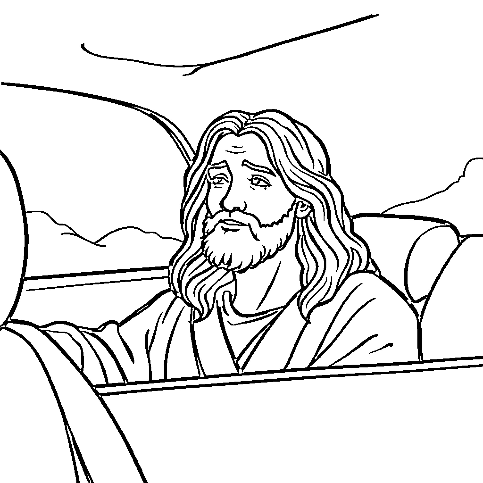 Jesus contemplating the landscape in solitude Coloring Page (free black-and-white line drawing printable PDF for all, from beginners to advanced learners, including children, teens, adults, and seniors)