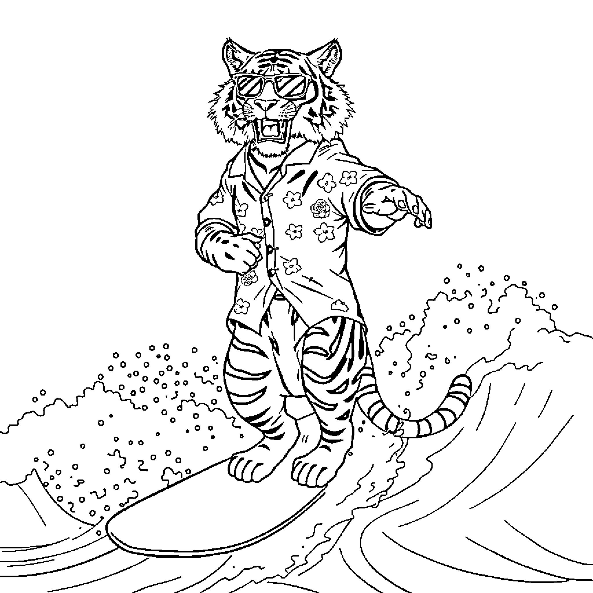 Tiger Surfing the Waves in a Floral Outfit Coloring Page (free black-and-white line drawing printable PDF for all, from beginners to advanced learners, including children, teens, adults, and seniors)