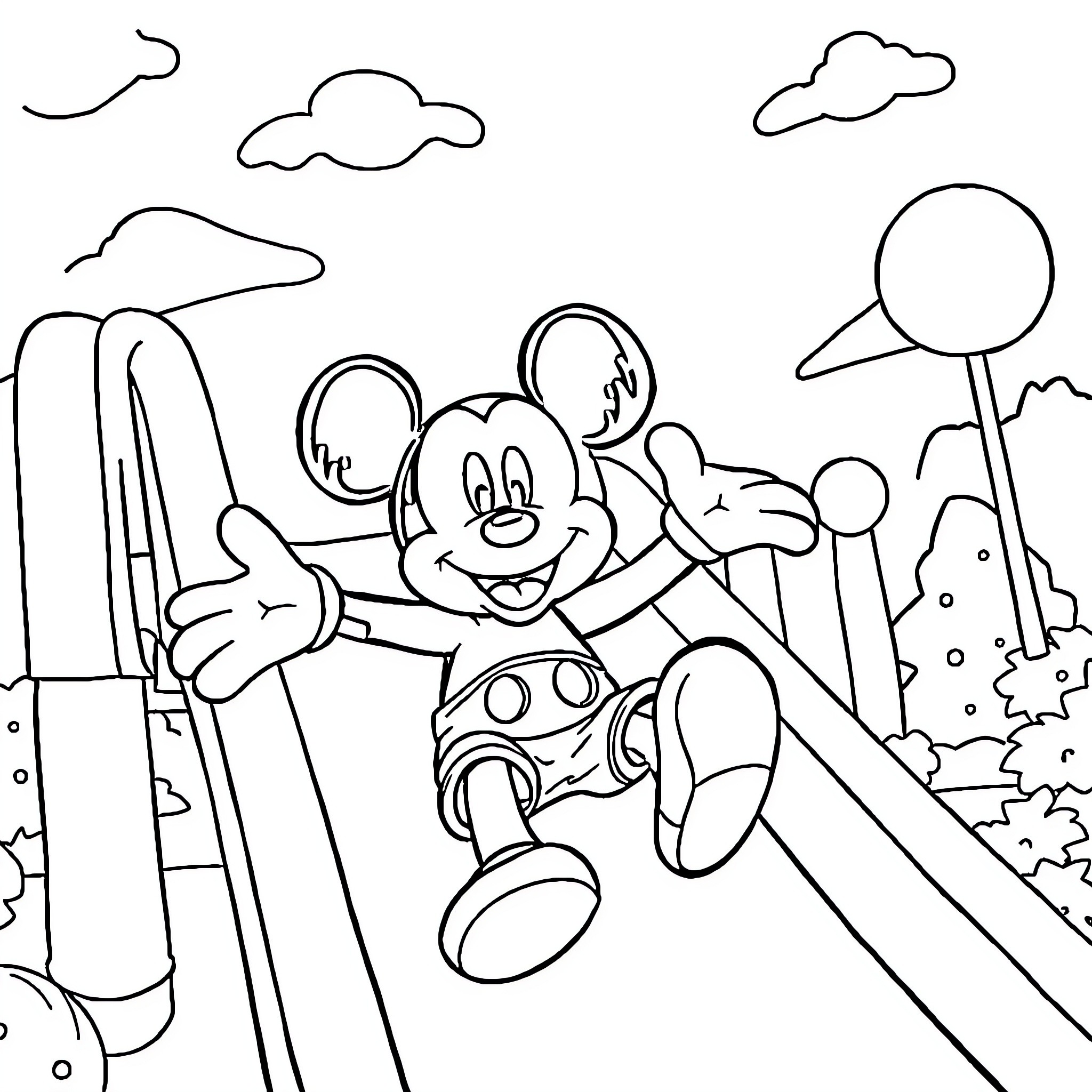 Mickey Mouse playing joyfully on playground equipment Coloring Page (free black-and-white line drawing printable PDF for all, from beginners to advanced learners, including children, teens, adults, and seniors)