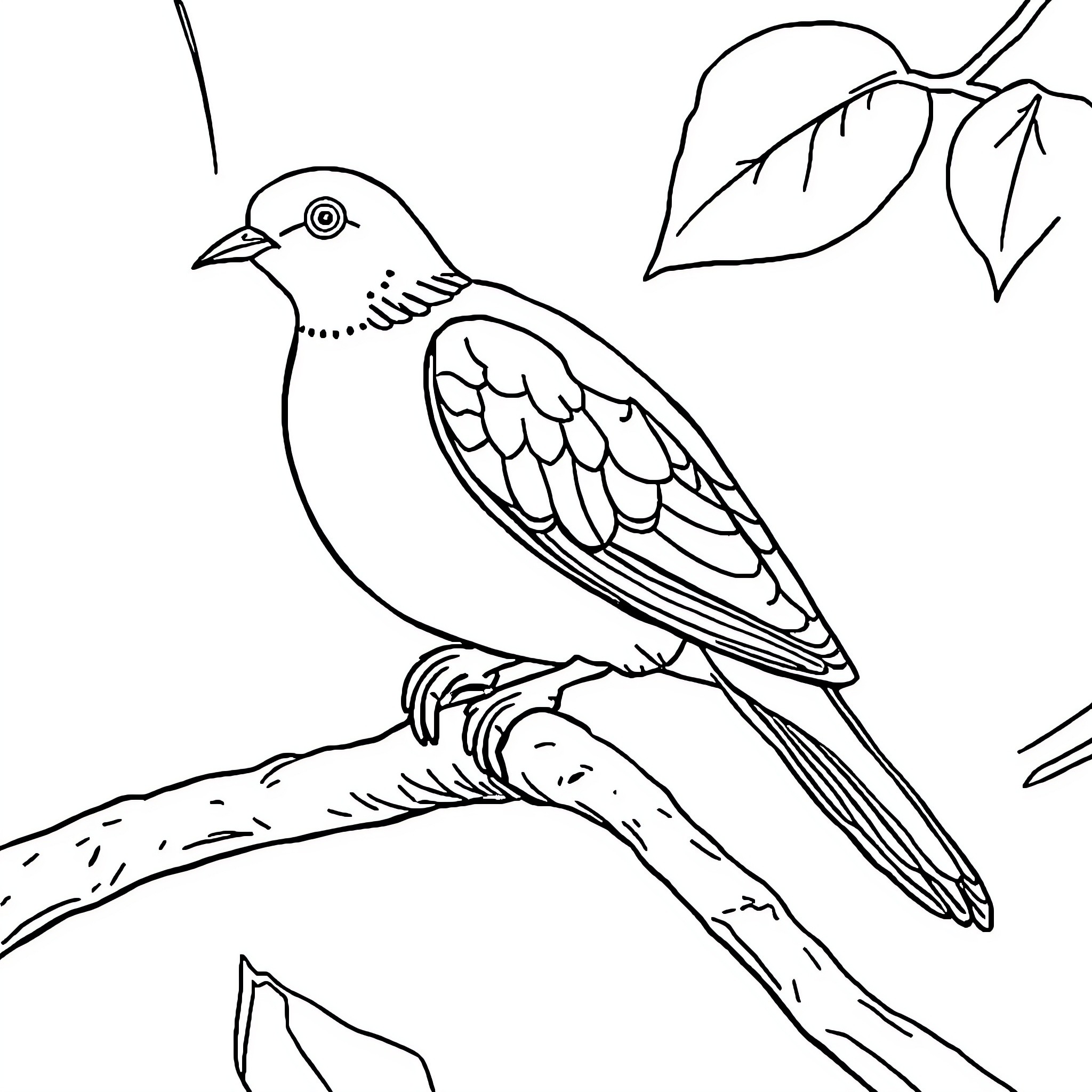 Turtle Dove perched on branch with leaves Coloring Page (free black-and-white line drawing printable PDF for all, from beginners to advanced learners, including children, teens, adults, and seniors)