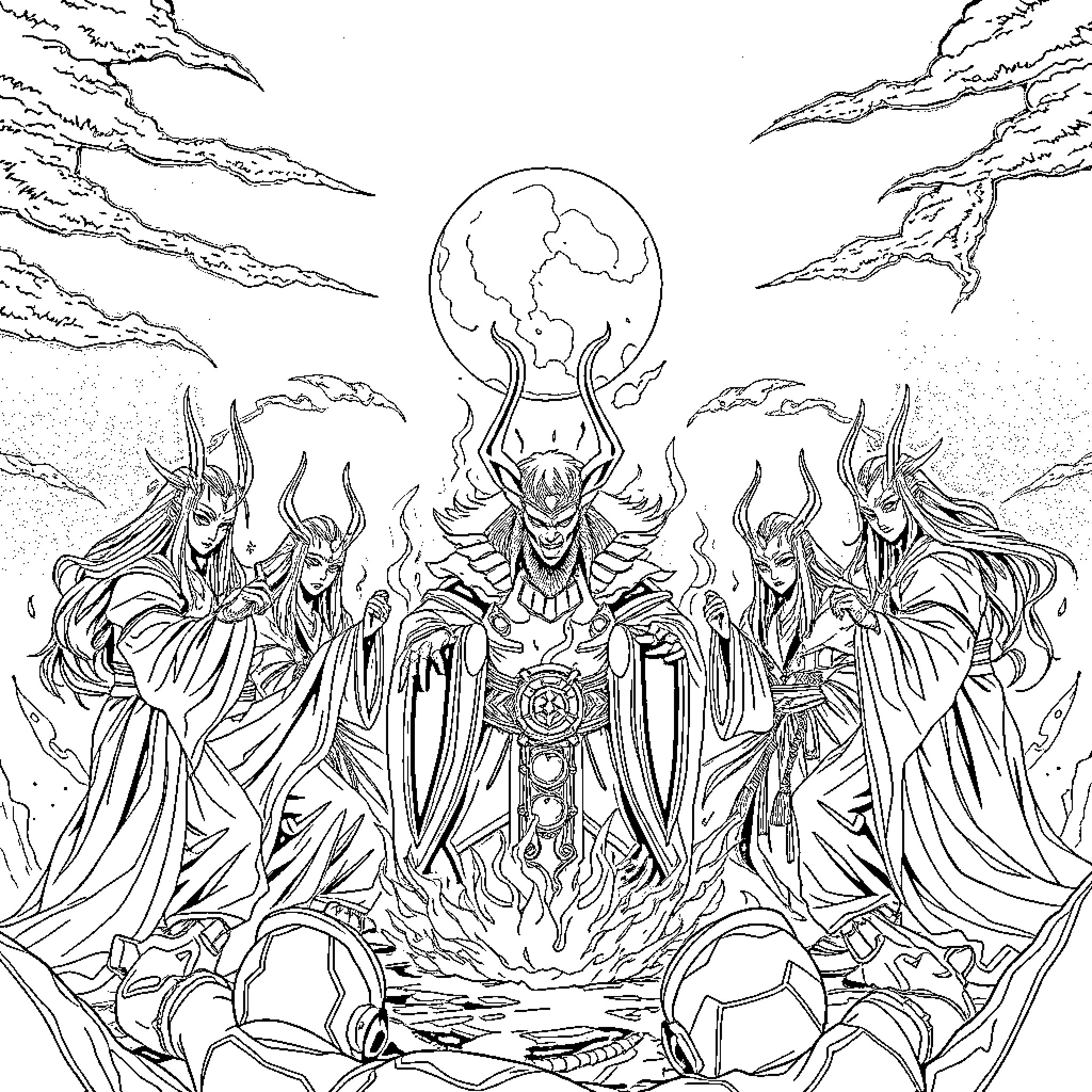 Demon Hunter Standing Tall Among Dark Forces Coloring Page (free black-and-white line drawing printable PDF for all, from beginners to advanced learners, including children, teens, adults, and seniors)