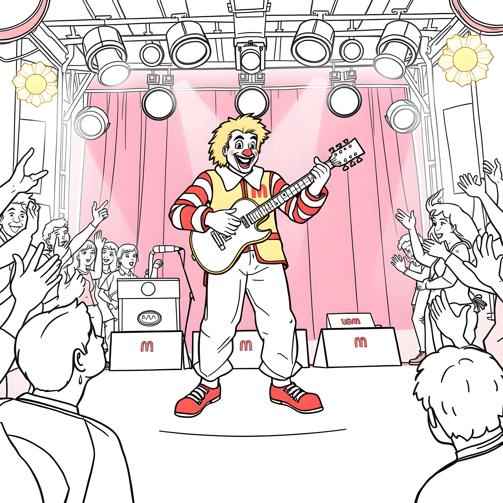 Ronald McDonald rocking out on stage with his guitar Coloring Page (free black-and-white line drawing printable PDF for all, from beginners to advanced learners, including children, teens, adults, and seniors)