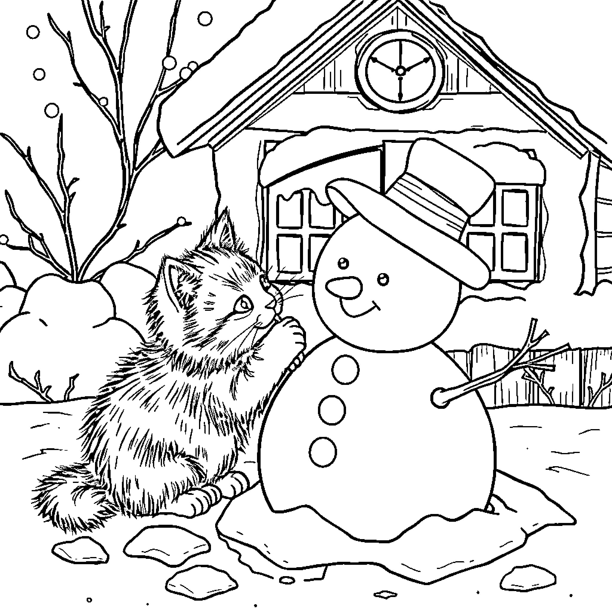 Cat playing with Snowman in Winter Scene Coloring Page (free black-and-white line drawing printable PDF for all, from beginners to advanced learners, including children, teens, adults, and seniors)
