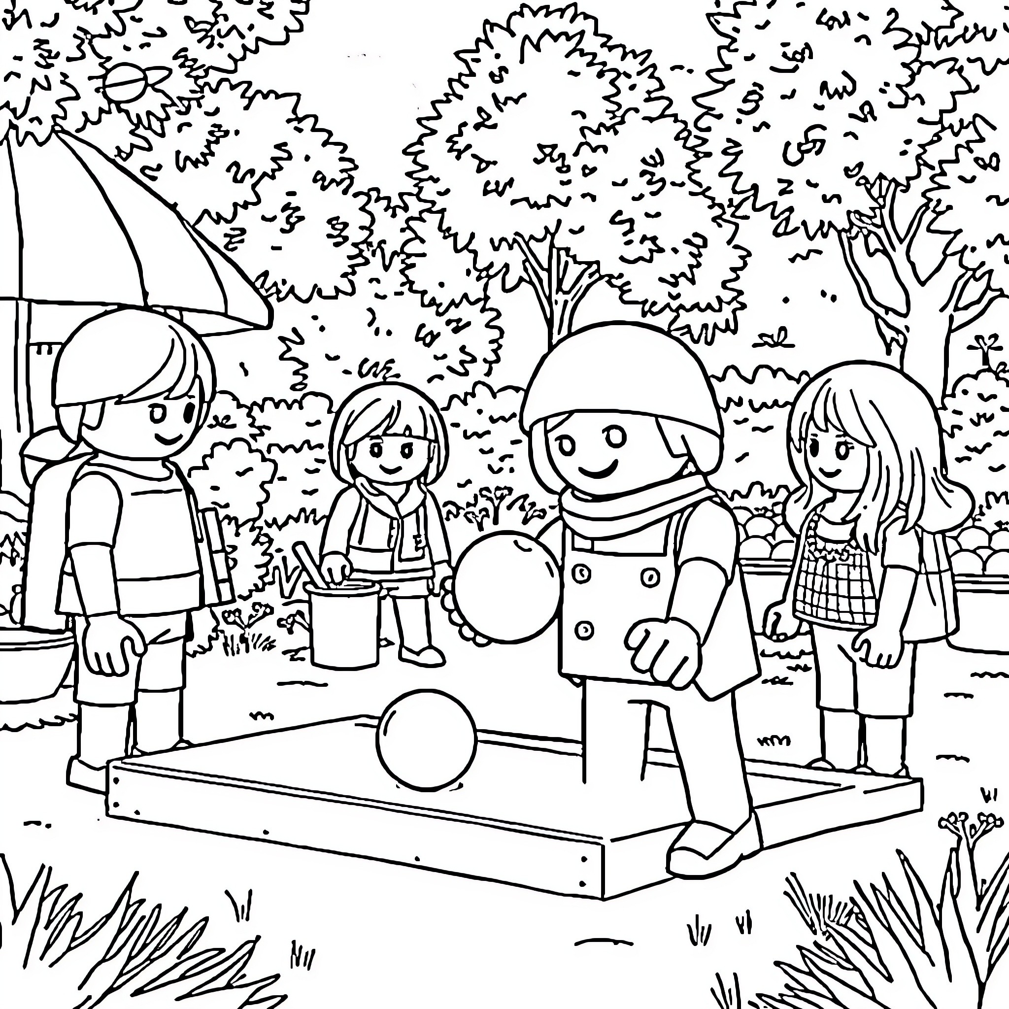 Playmobil Character Outdoor Play in Forest Coloring Page (free black-and-white line drawing printable PDF for all, from beginners to advanced learners, including children, teens, adults, and seniors)