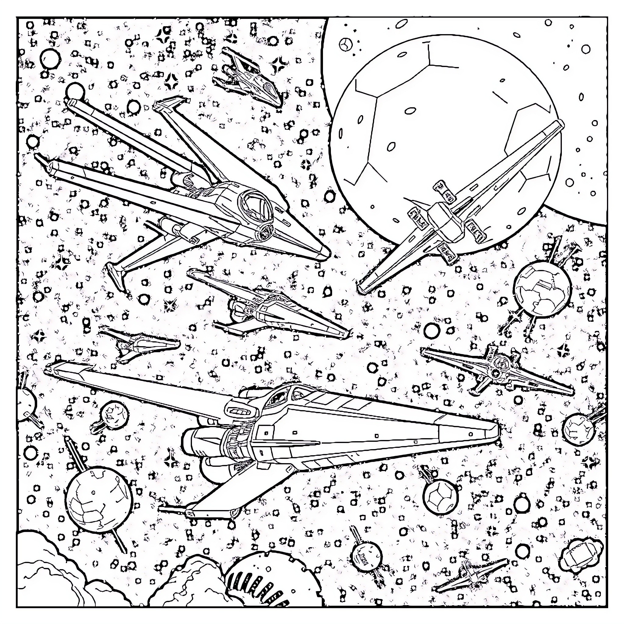 Star Wars Ship Dogfight in Outer Space Coloring Page (free black-and-white line drawing printable PDF for all, from beginners to advanced learners, including children, teens, adults, and seniors)