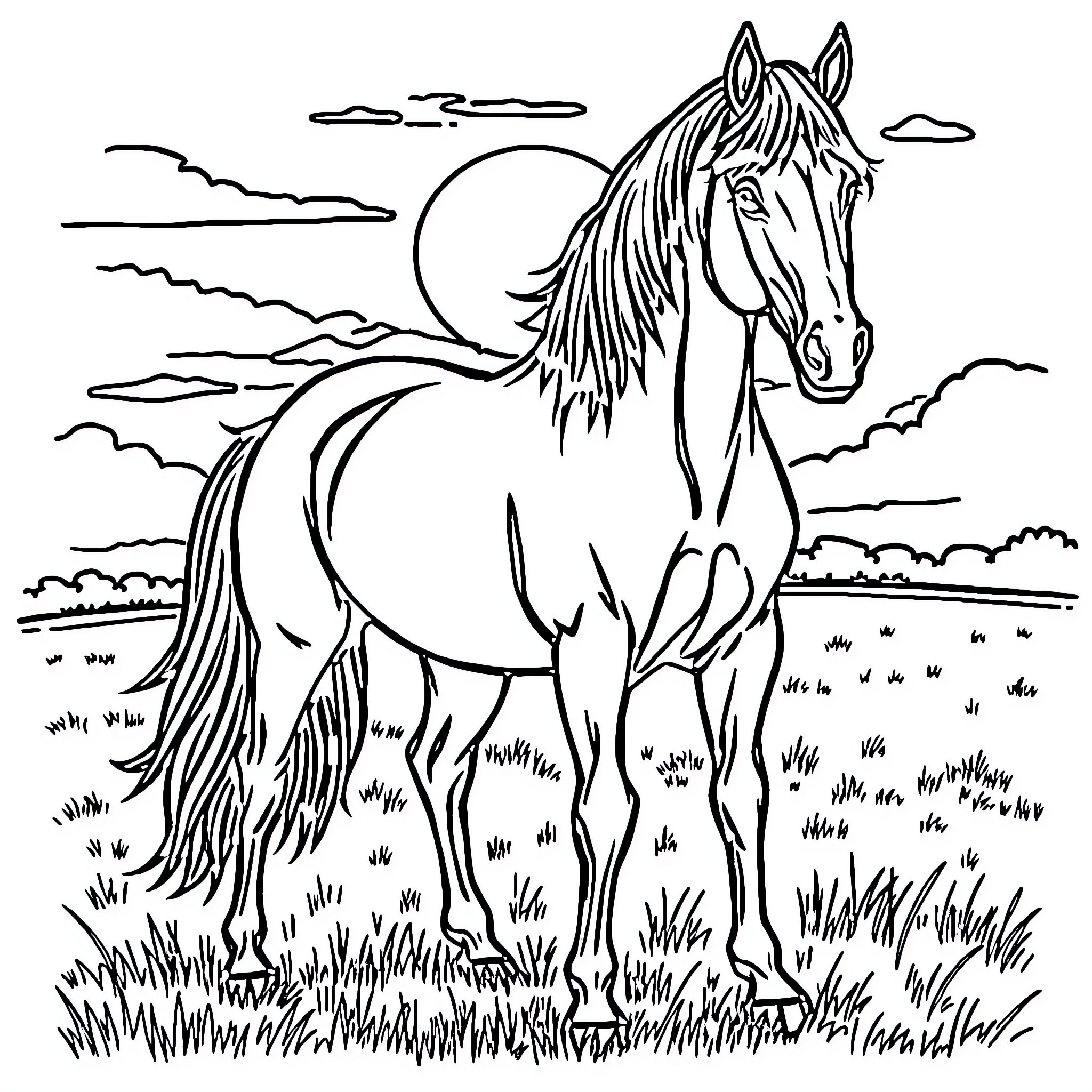 Horse in a Serene Landscape Coloring Page (free black-and-white line drawing printable PDF for all, from beginners to advanced learners, including children, teens, adults, and seniors)
