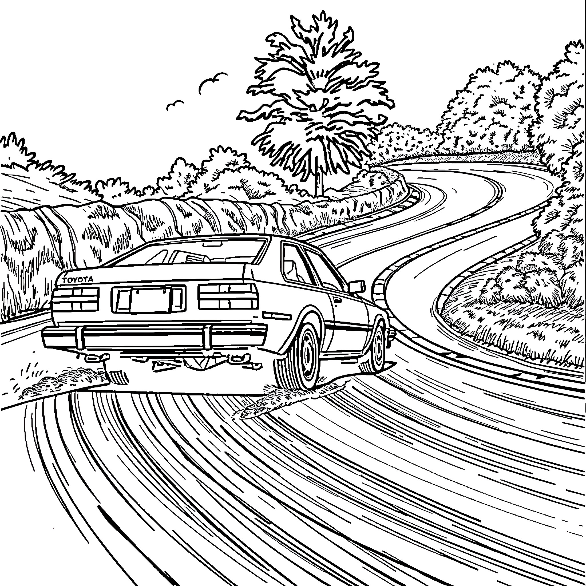 Toyota car driving on winding road through scenic landscape Coloring Page (free black-and-white line drawing printable PDF for all, from beginners to advanced learners, including children, teens, adults, and seniors)