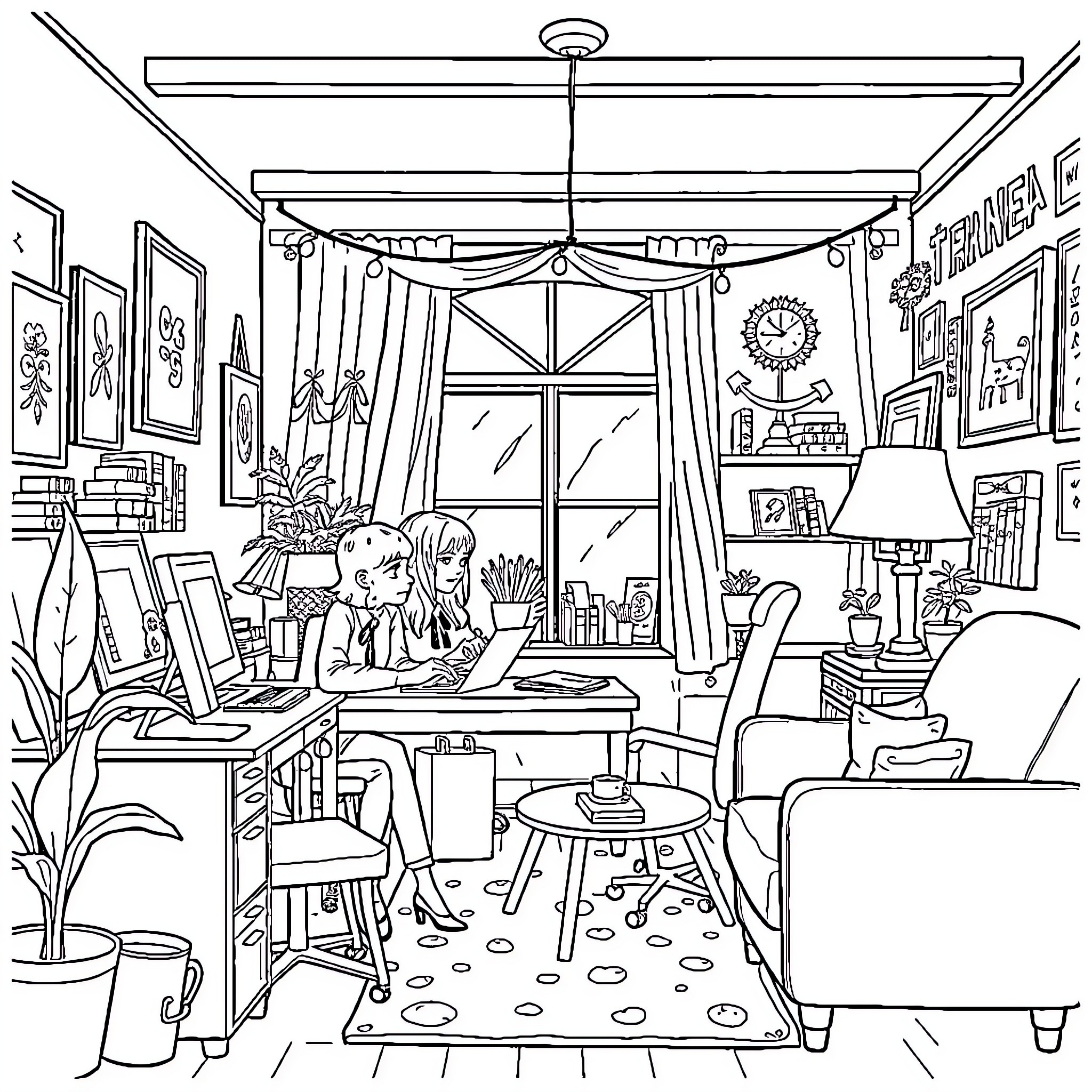 Gilmore Girls: Cozy study nook in a creative home Coloring Page (free black-and-white line drawing printable PDF for all, from beginners to advanced learners, including children, teens, adults, and seniors)