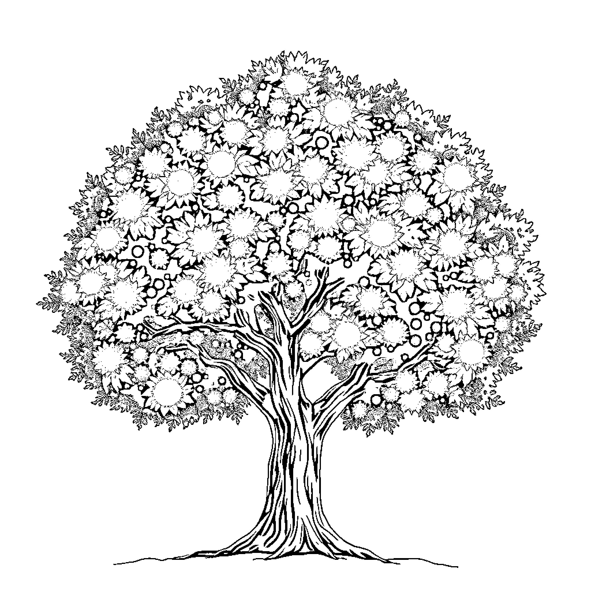 Tree of Blooming Flowers Coloring Page (free black-and-white line drawing printable PDF for all, from beginners to advanced learners, including children, teens, adults, and seniors)
