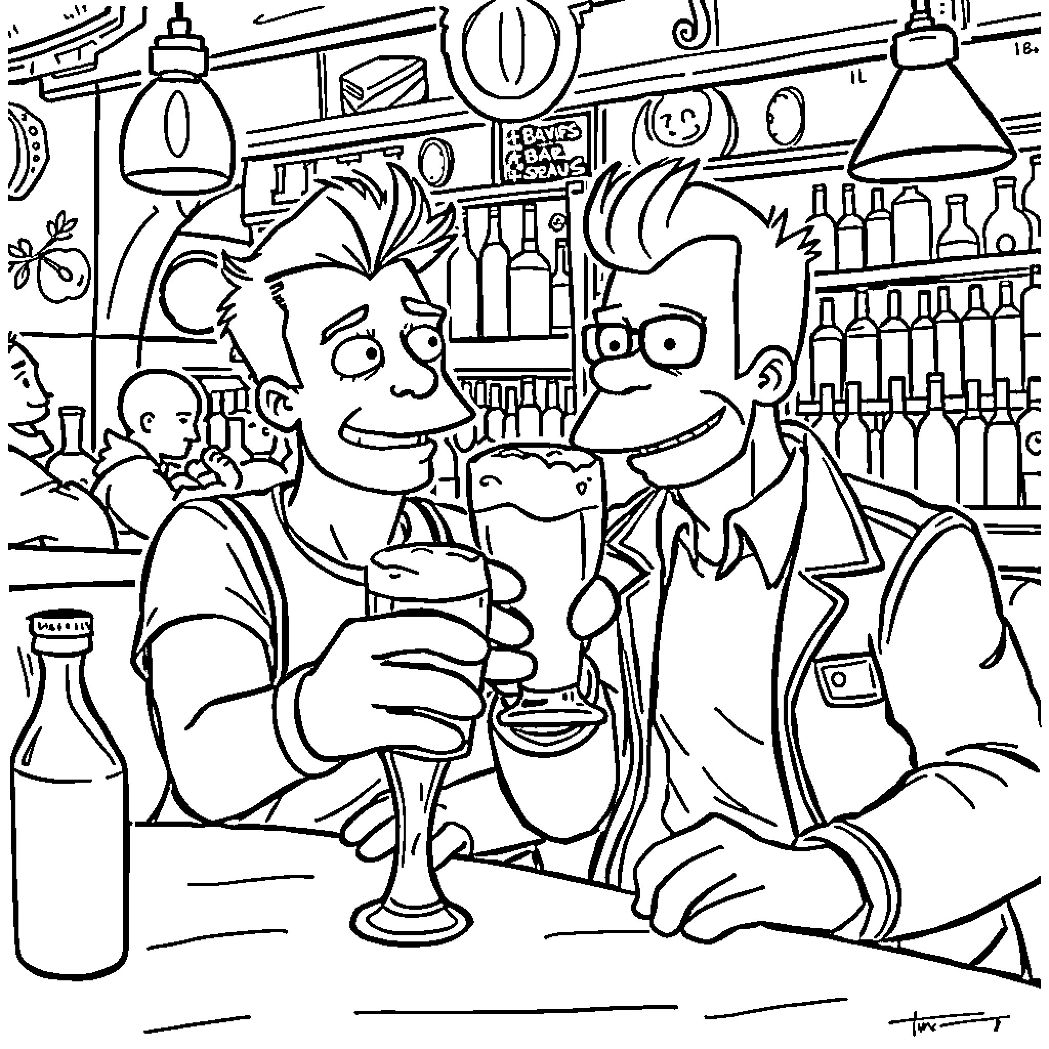 Cartoon characters enjoying drinks in a lively bar Coloring Page (free black-and-white line drawing printable PDF for all, from beginners to advanced learners, including children, teens, adults, and seniors)