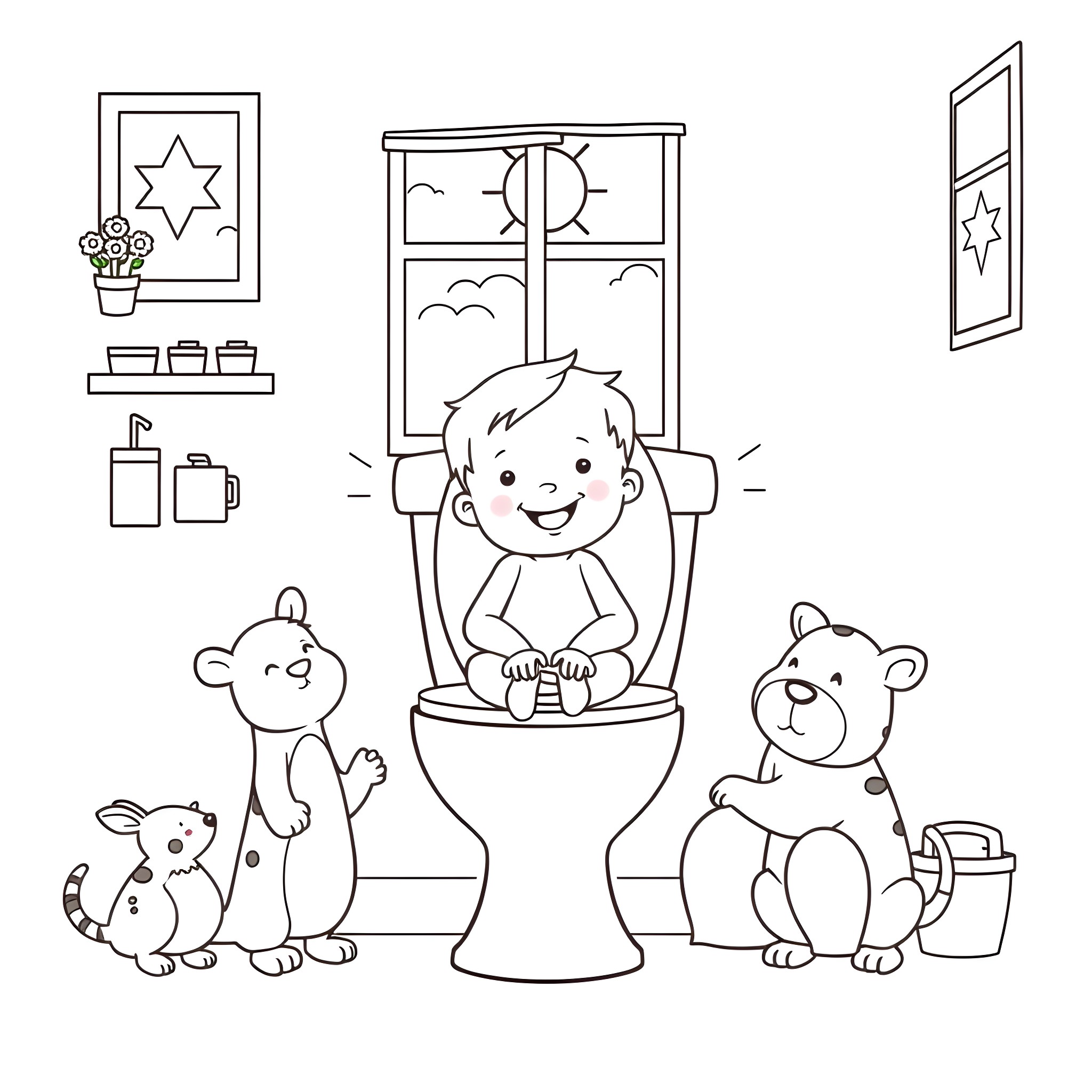 Potty time with playful friends Coloring Page (free black-and-white line drawing printable PDF for all, from beginners to advanced learners, including children, teens, adults, and seniors)