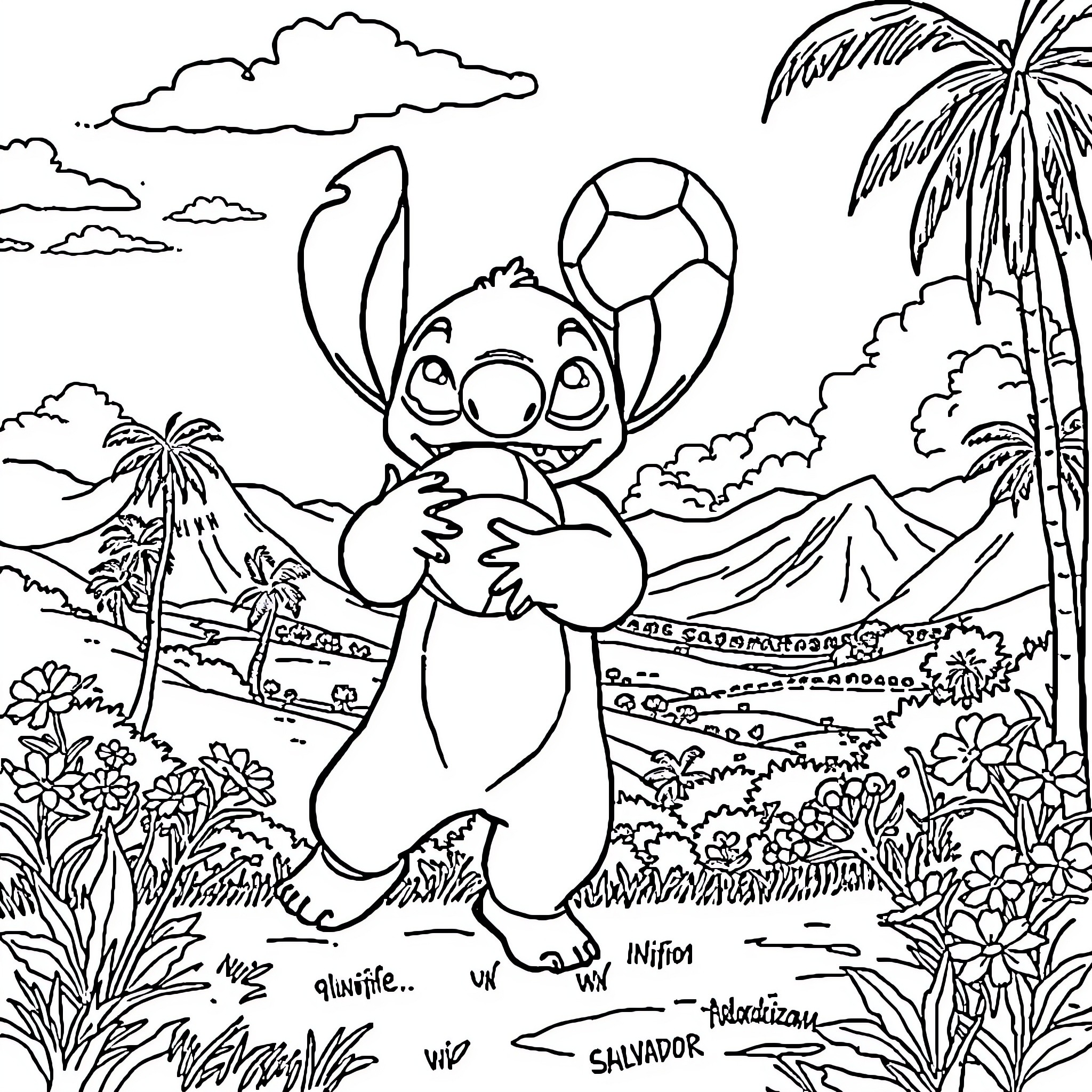 Stitch playing soccer in a tropical landscape Coloring Page (free black-and-white line drawing printable PDF for all, from beginners to advanced learners, including children, teens, adults, and seniors)