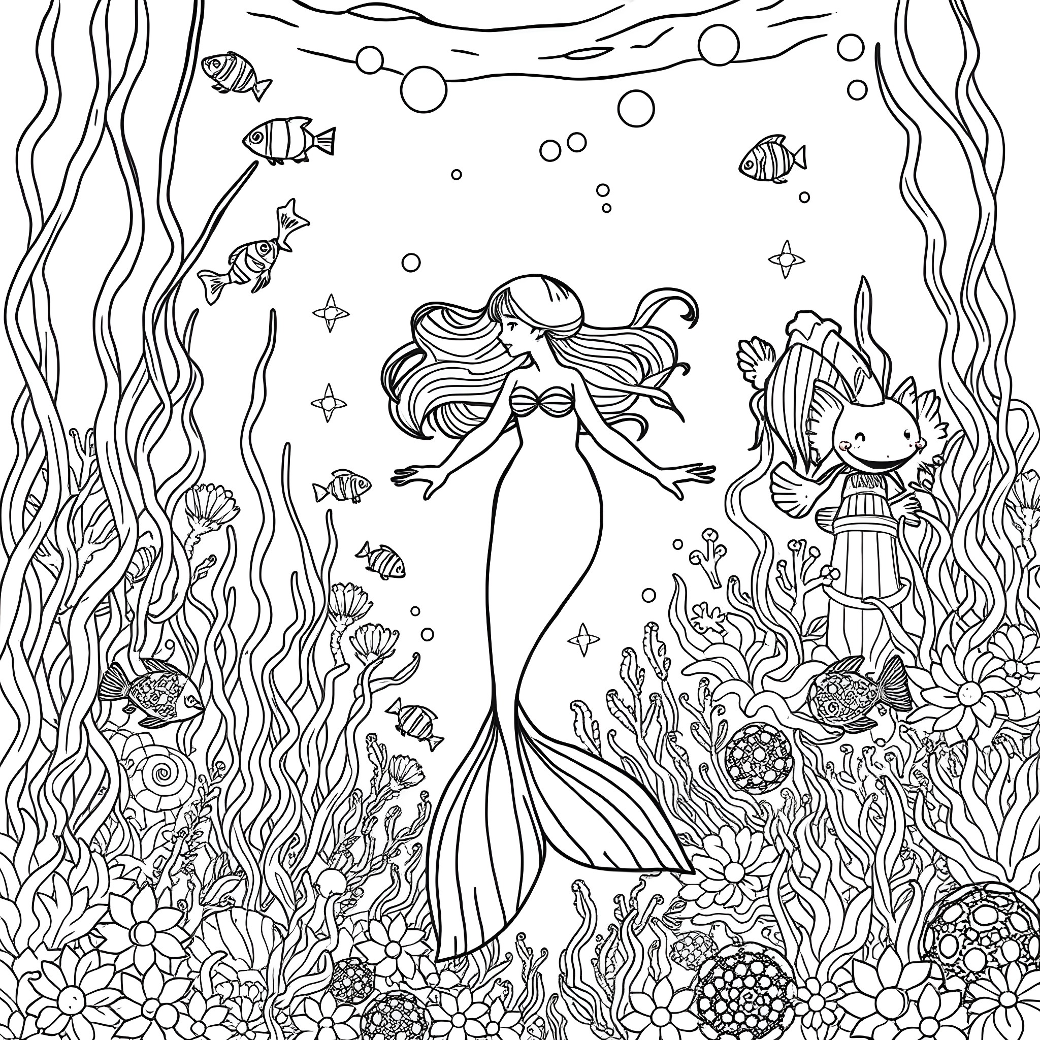 Mermaid in the Underwater Wonderland Coloring Page (free black-and-white line drawing printable PDF for all, from beginners to advanced learners, including children, teens, adults, and seniors)