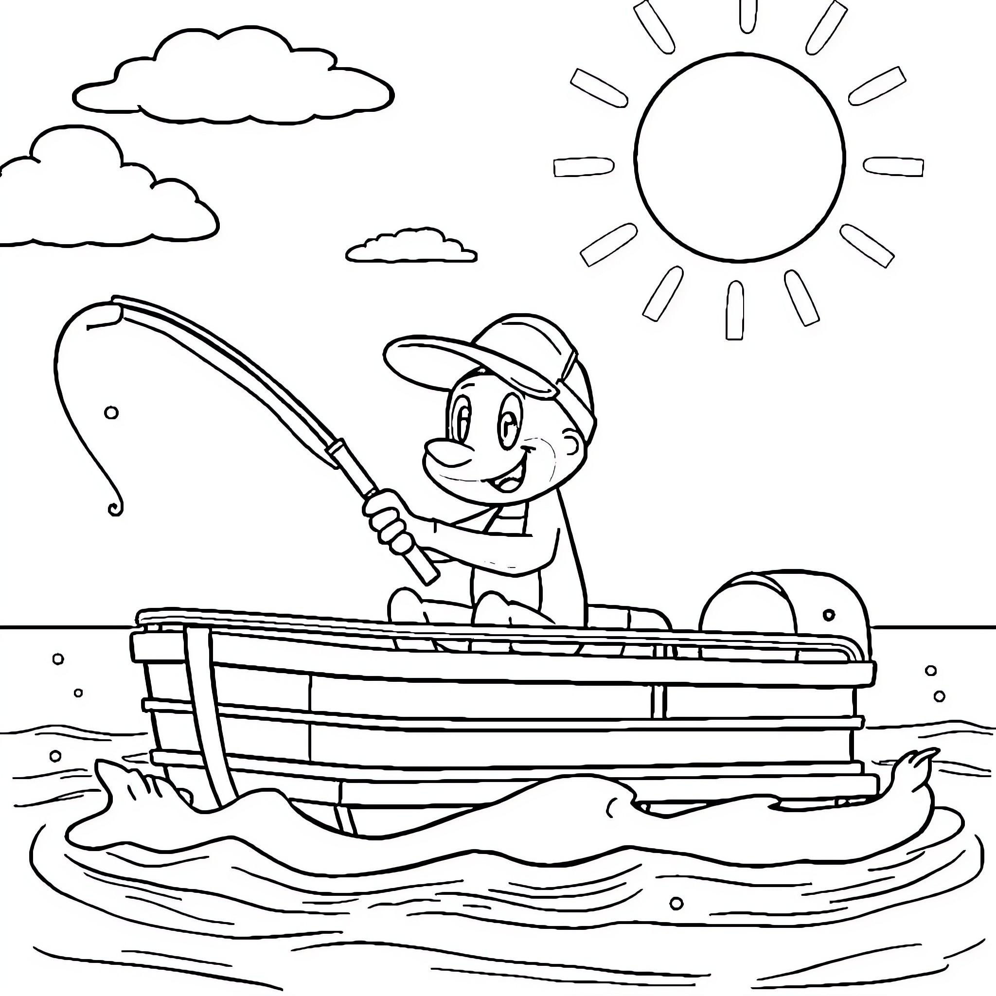Bluey enjoying a day of fishing on the lake Coloring Page (free black-and-white line drawing printable PDF for all, from beginners to advanced learners, including children, teens, adults, and seniors)