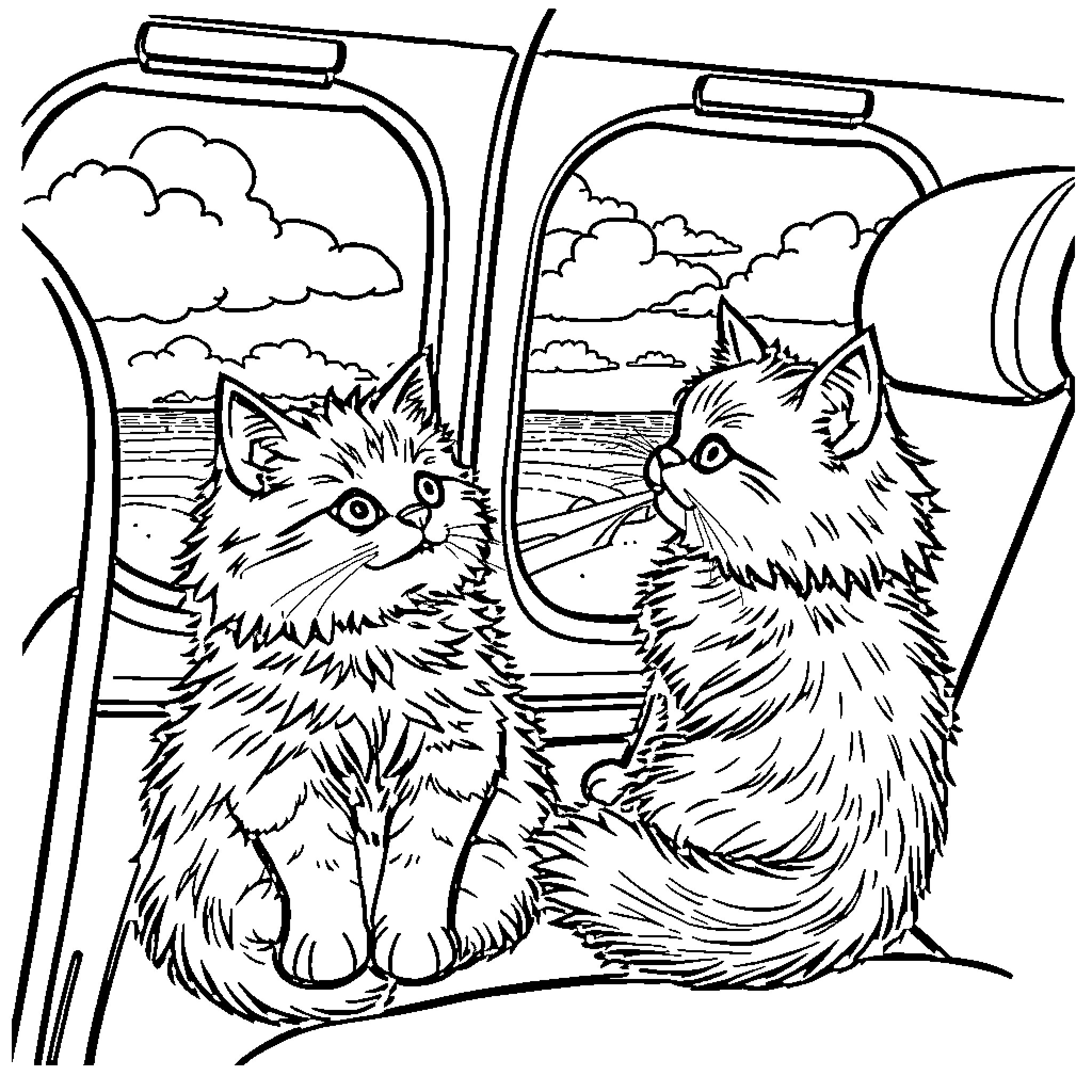 Cat Kittens Exploring Nature in Window Frame Coloring Page (free black-and-white line drawing printable PDF for all, from beginners to advanced learners, including children, teens, adults, and seniors)